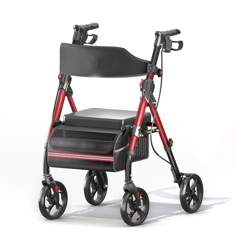 Matinal Foldable Rollator Walkers With Seat For Seniors, 350 Lb Capacity, 8   Big Wheels, 6-Position Height, Premium Hybrid Rolling Walker - Aluminum And Carbon Steel  RED