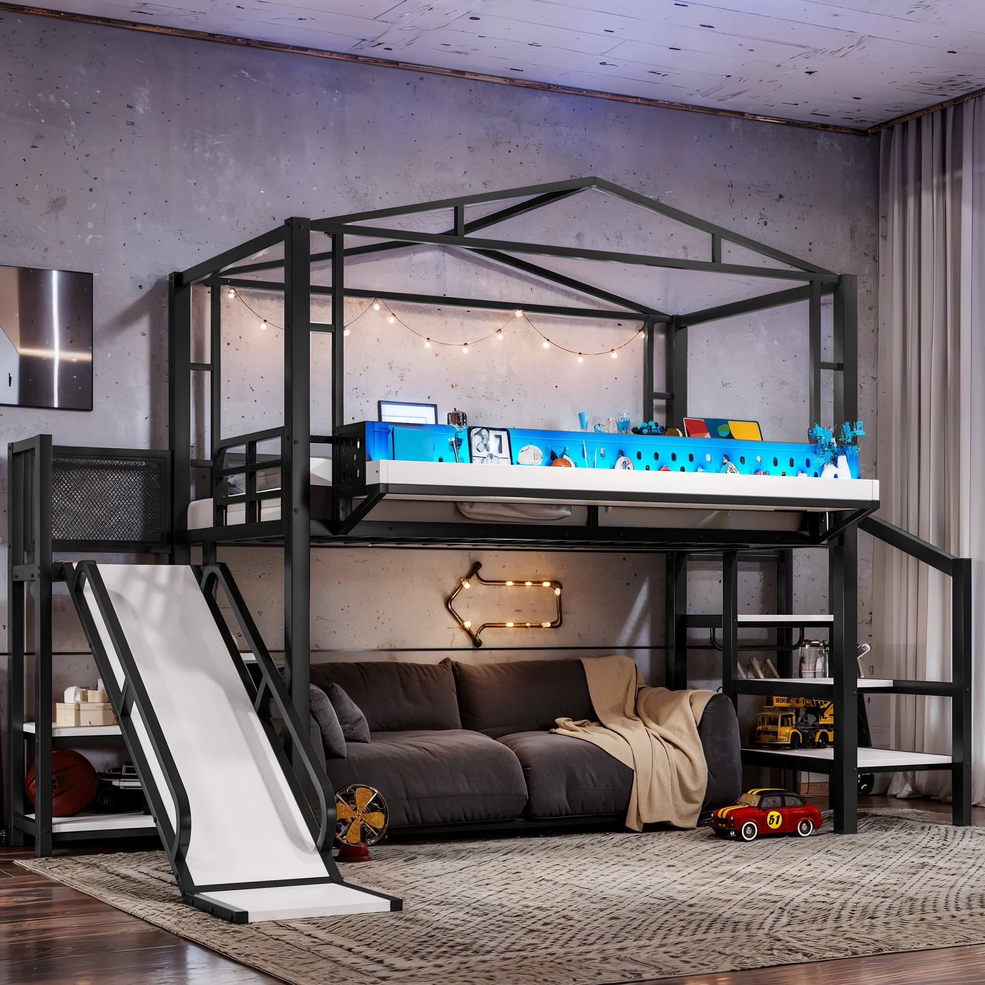 Twin Size Loft Bed With Storage Stairs, Shelves And Built-in Wardrobe, Metal Loft Bed Frame With USB Ports And LED Lights, Noise-reduced Design, Black 5