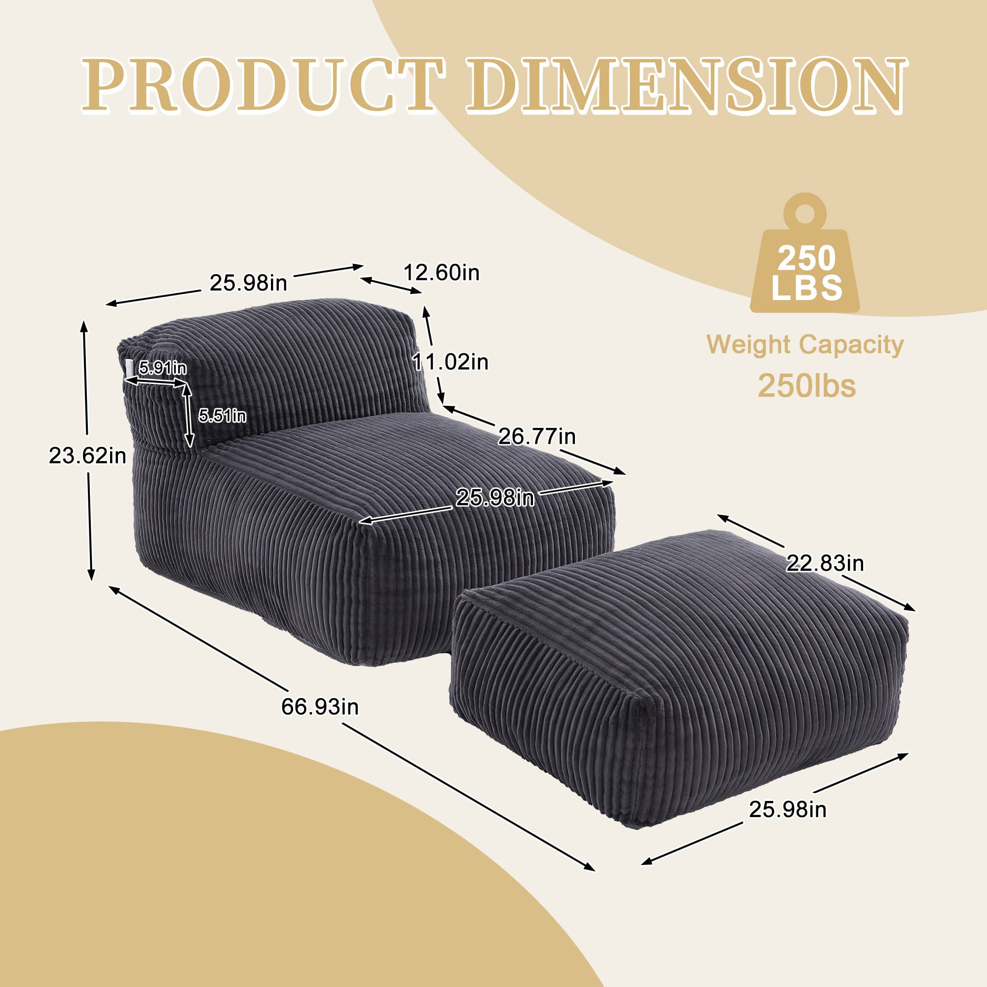 Big Bean Bag Chair For Adults,Lounger Large Bean Bag Sofa, Memory Foam Filled Beanbag Chair For Living Room, Bedroom, Balcony,Comfy Corduroy Bean Bag Chair With Ottoman,Ergonomic Support & Premium Com 3