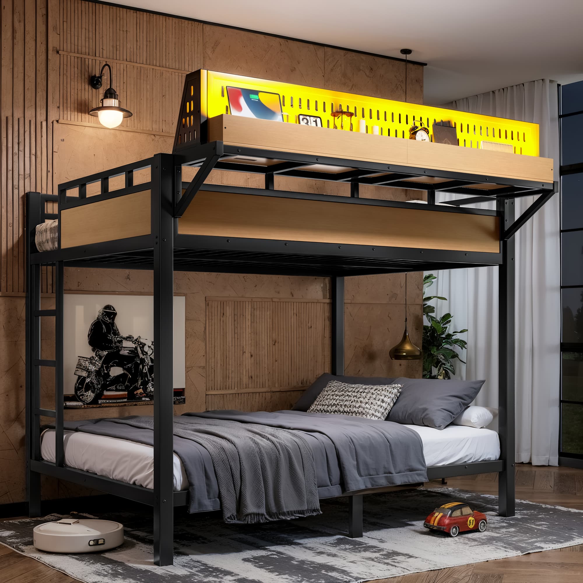 Full Over Full Size Metal Bunk Bed With Storage Shelves And Pegboard, Bunk Bed Frame With USB Ports And LED Lights, Space-Saving, For Teens And Adults, Natural 4