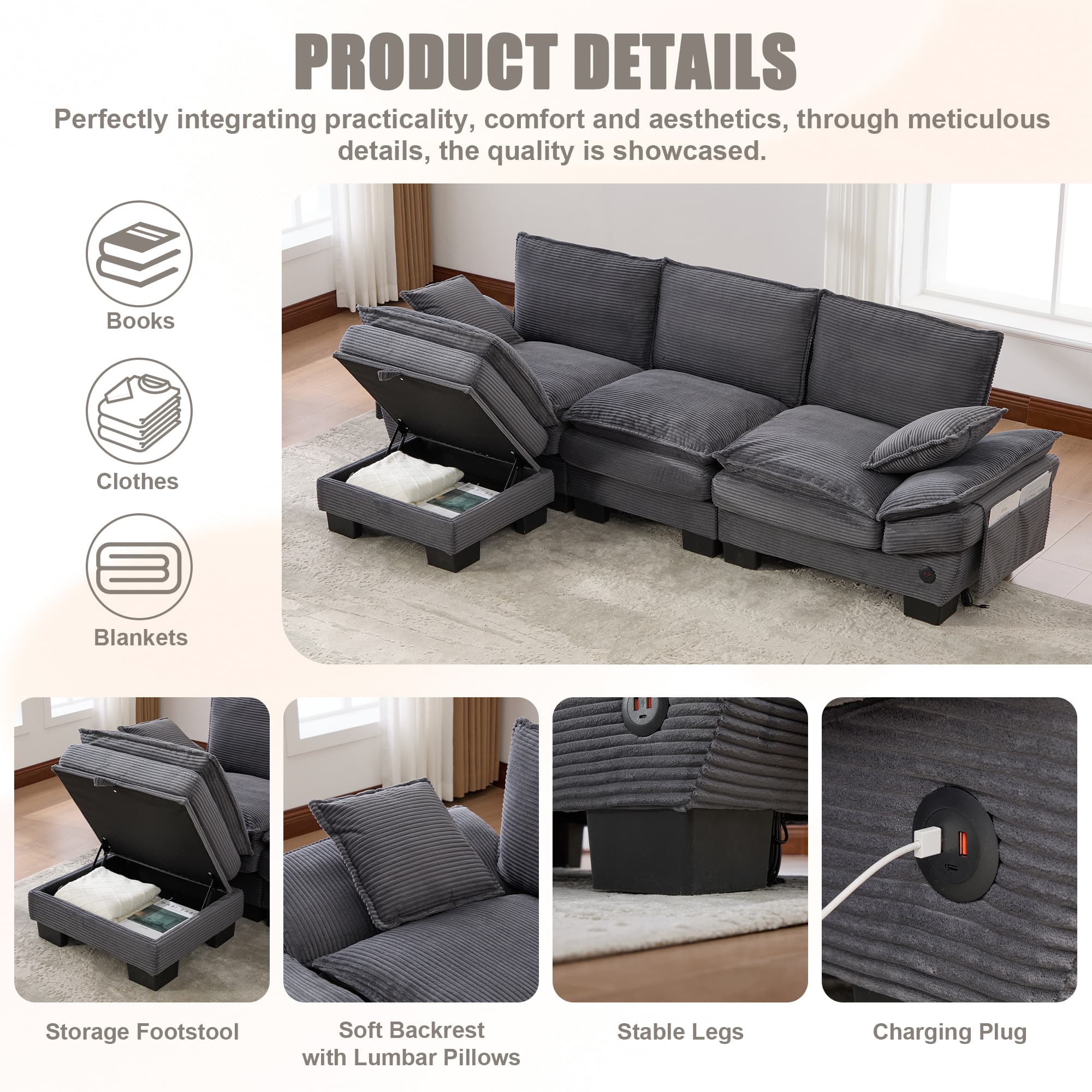 Sectional Cloud Modular Sofa,Deep Seat Sofa, Corduroy Sofa,Comfy Upholstered Furniture For Living Room, Apartment, Studio, Office,Having Multiple Combinations