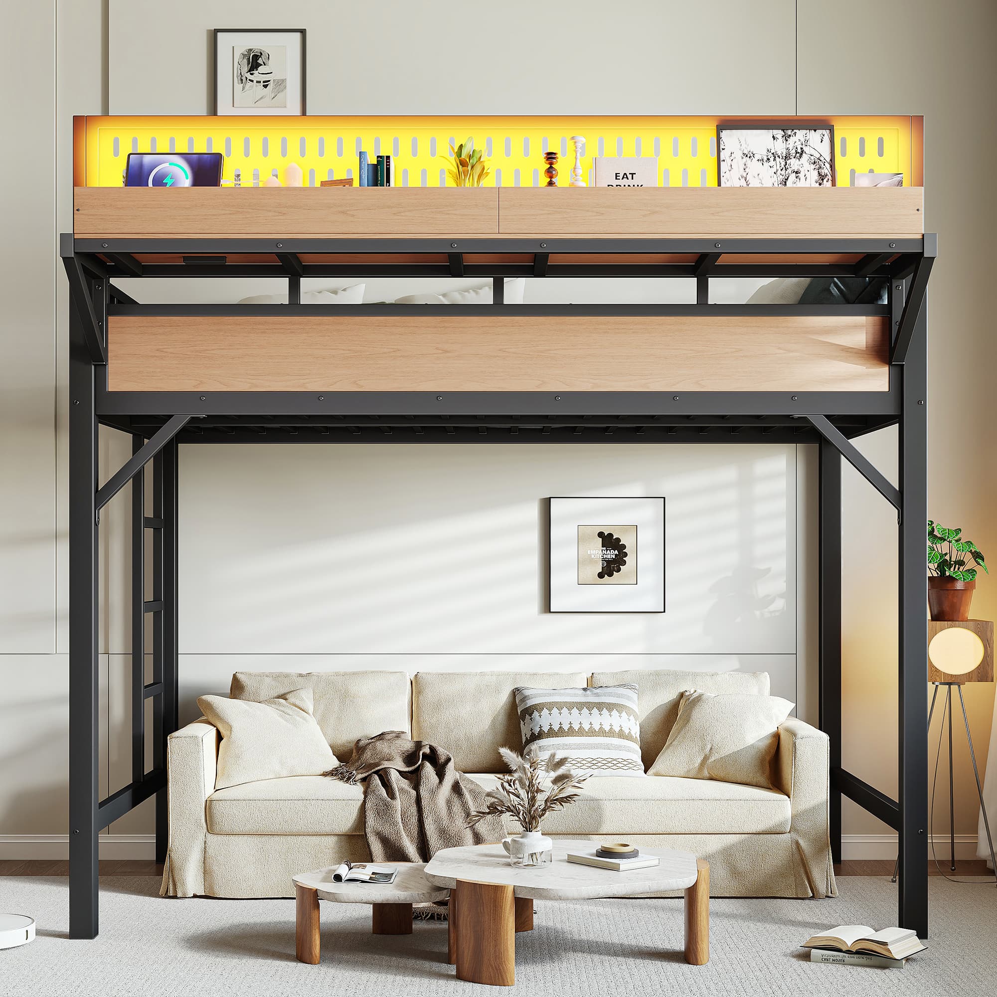 Twin XL Size Loft Bed Frame With Storage Shelves And Pegboard, Metal Loft Bed With USB Ports And LED Lights, Safe And Sturdy, Natural 5