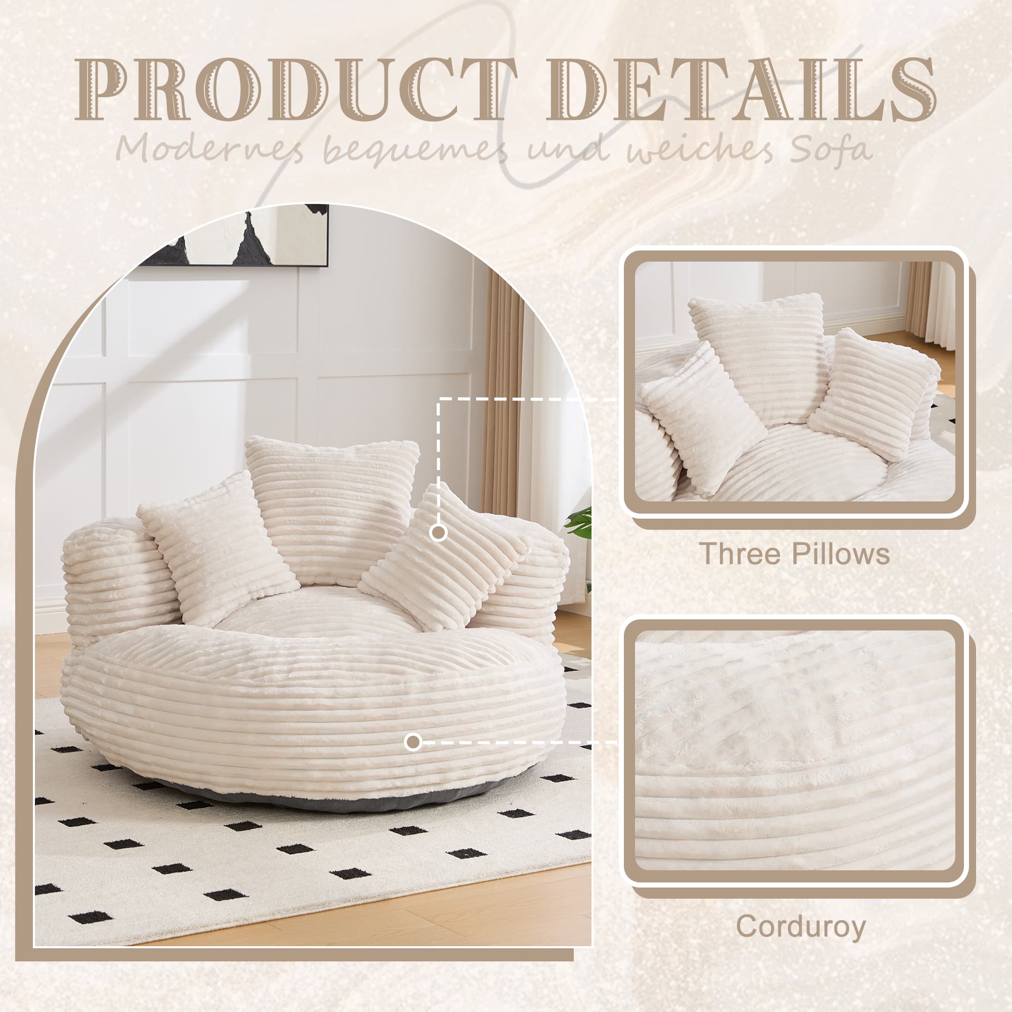Bean Bag Chairs, Bean Bag Sofa For Adults, Kids,Oversized Corduroy Bean Bag Chair With 3 Pillows & Armrest,Beanbag Chair & Lazy Sofa With Foam Filler For Bedroom Living Room Dorm