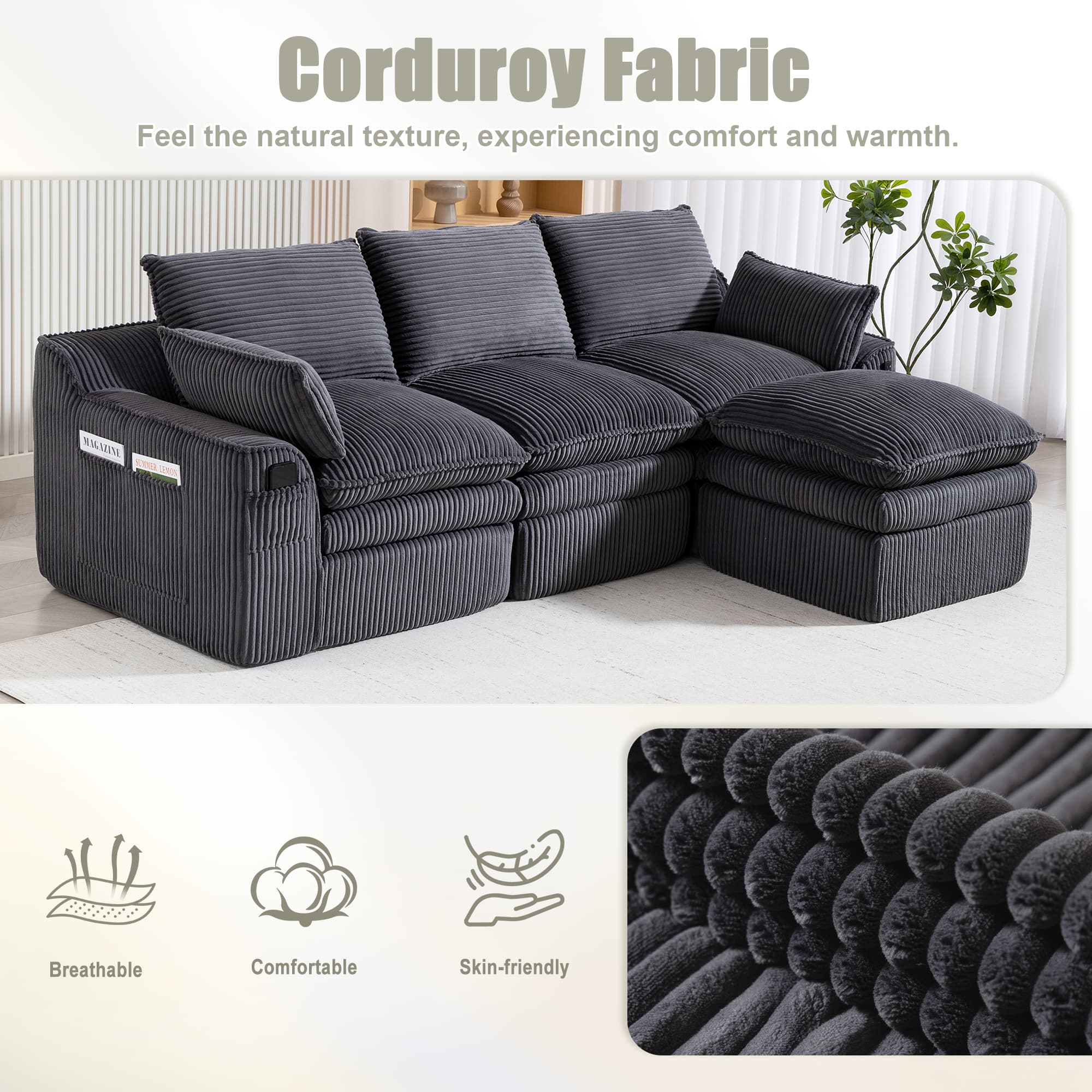 L Shaped Compressed Modular Sectional Sofa Modern Corduroy Upholstered Boneless Couches With Movable Footstool,With Three Pillows And Two Lumbar Pillows,Detachable Cloud Seat Cushions 2