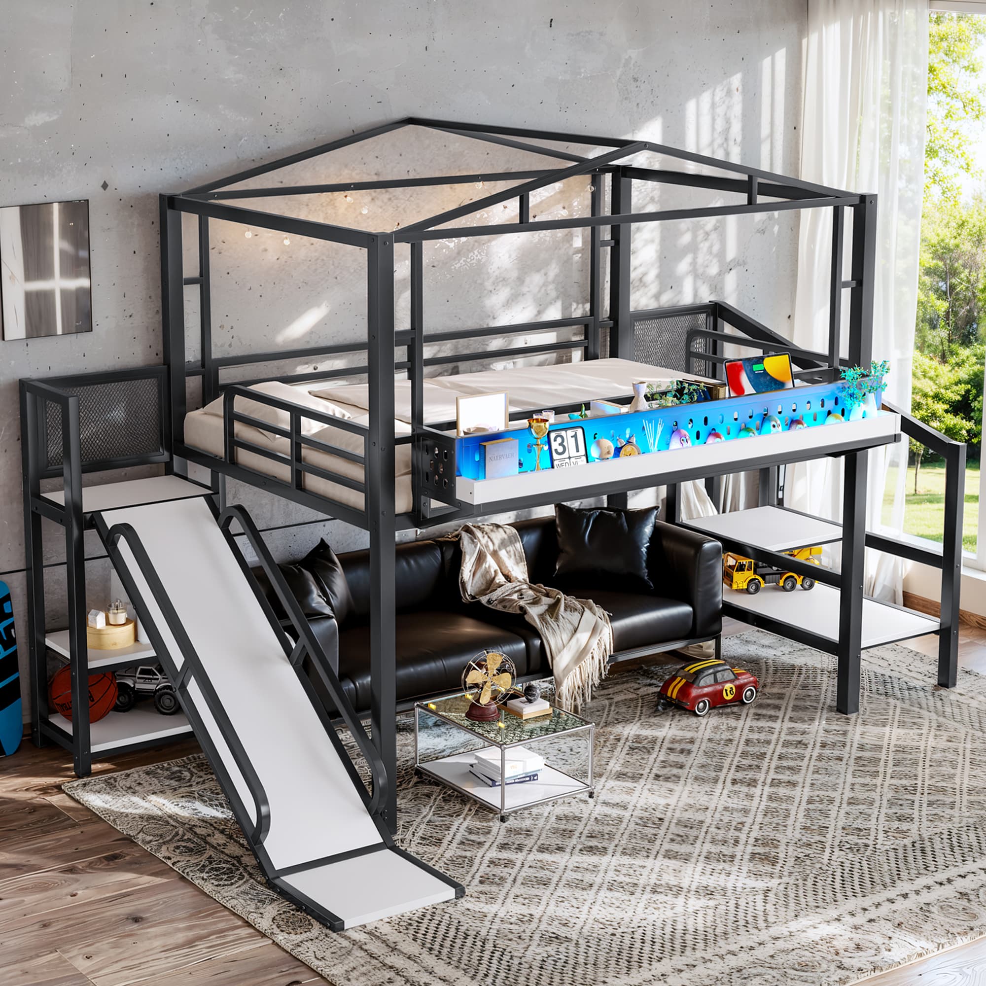 Full Size Loft Bed With Storage Stairs, Shelves And Built-in Wardrobe, Metal Loft Bed Frame With USB Ports And LED Lights, Noise-reduced Design, Black 5