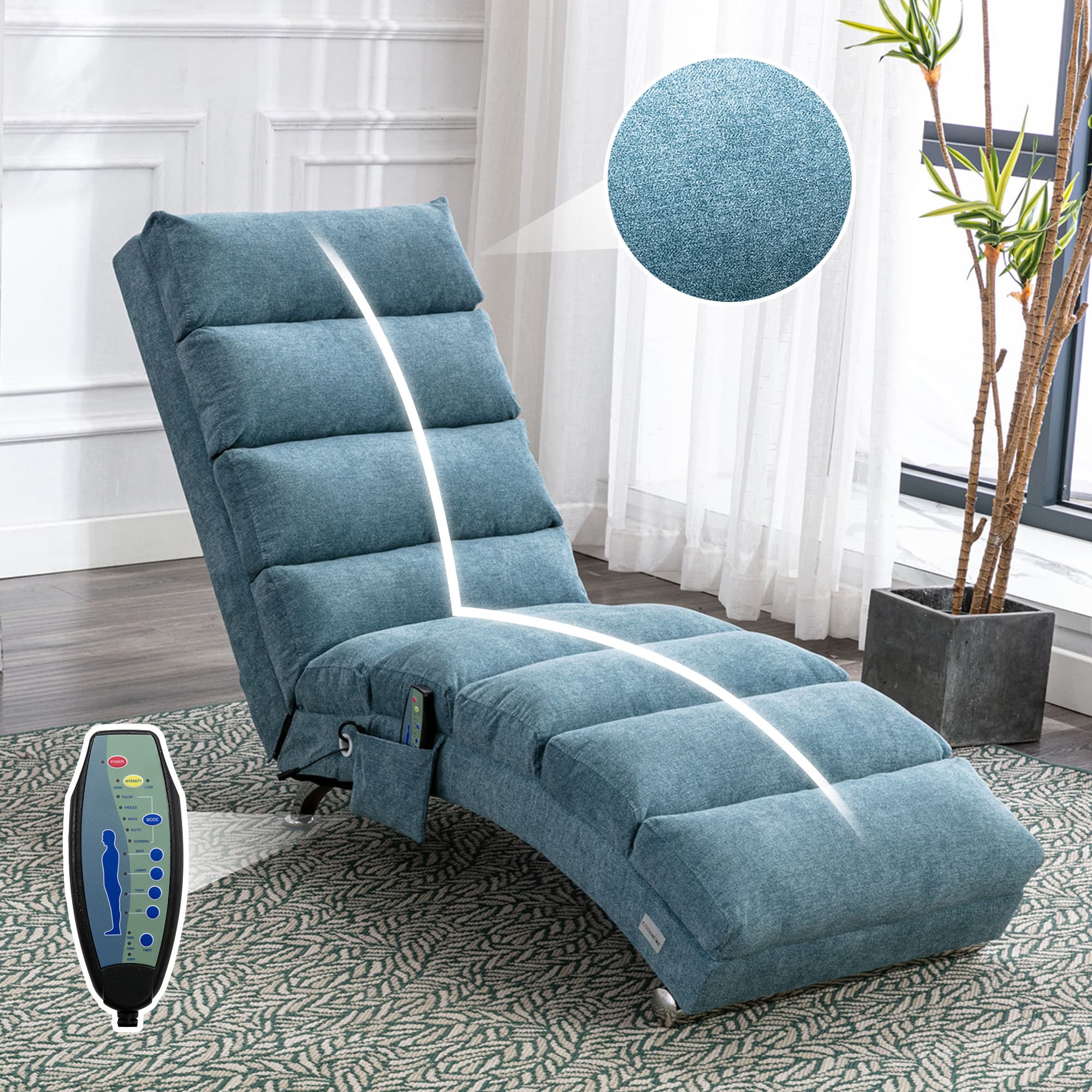 COOLMORE Luxury Upholstered Chaise Lounge Chair With Vibration For Relaxation, Modern Fixed Back Fabric Leisure Recliner Sofa For Living Room Bedroom 3