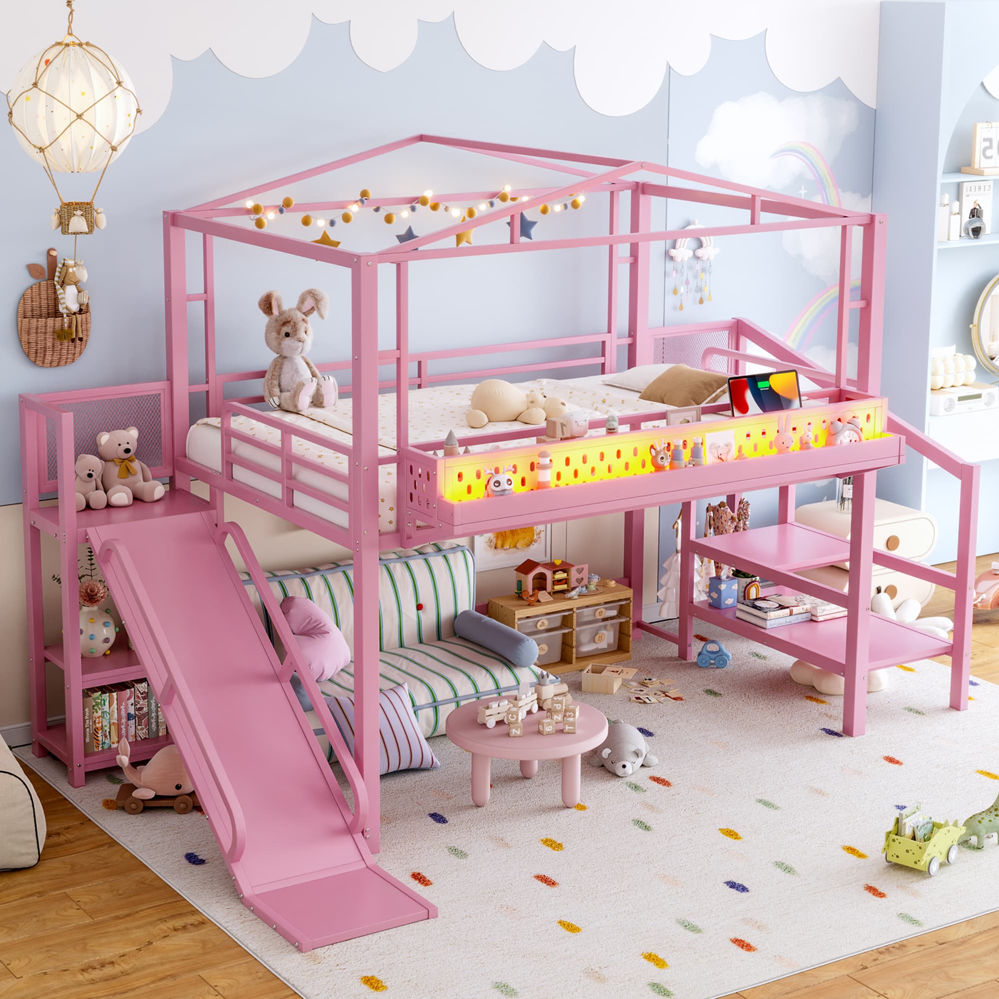 Full Size Loft Bed With Storage Stairs, Shelves And Built-in Wardrobe, Metal Loft Bed Frame With USB Ports And LED Lights, Noise-reduced Design, Pink 2
