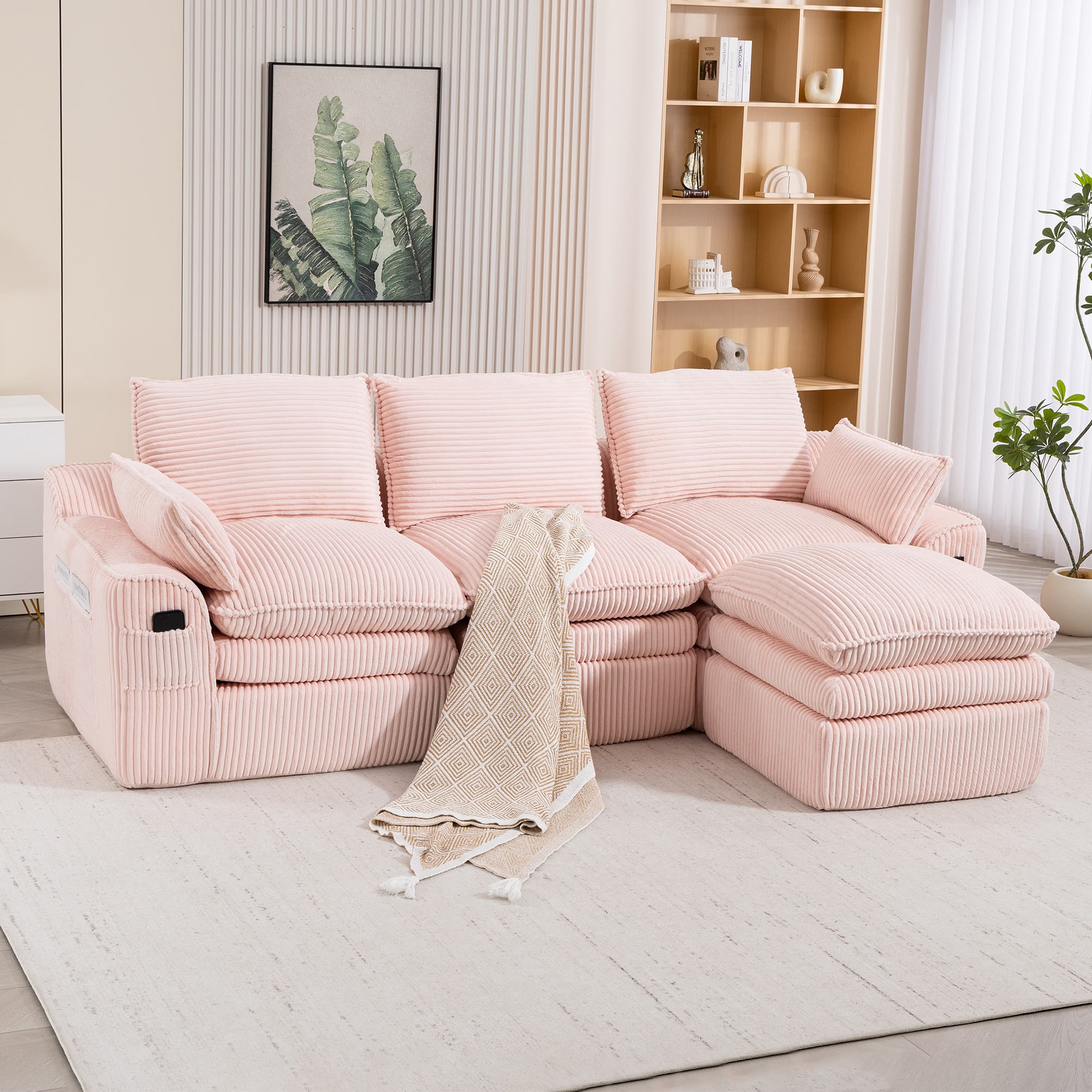 L Shaped Compressed Modular Sectional Sofa Modern Corduroy Upholstered Boneless Couches With Movable Footstool,With Three Pillows And Two Lumbar Pillows,Detachable Cloud Seat Cushions 3