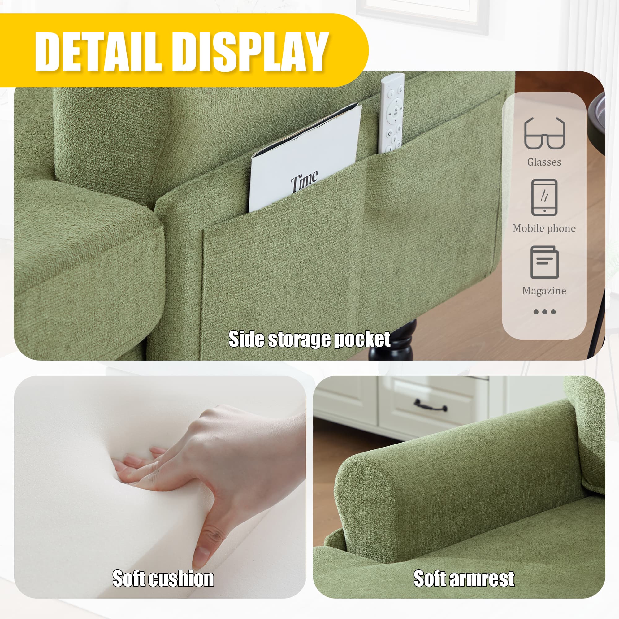 Modern Minimalist Chenille Fabric Chaise Lounge Recliner Single Sofa Living Room Bedroom Rest Chair Wooden Sofa Legs With Comfortable Backrest And Armrests Side Pockets For Storage Suitable For Office