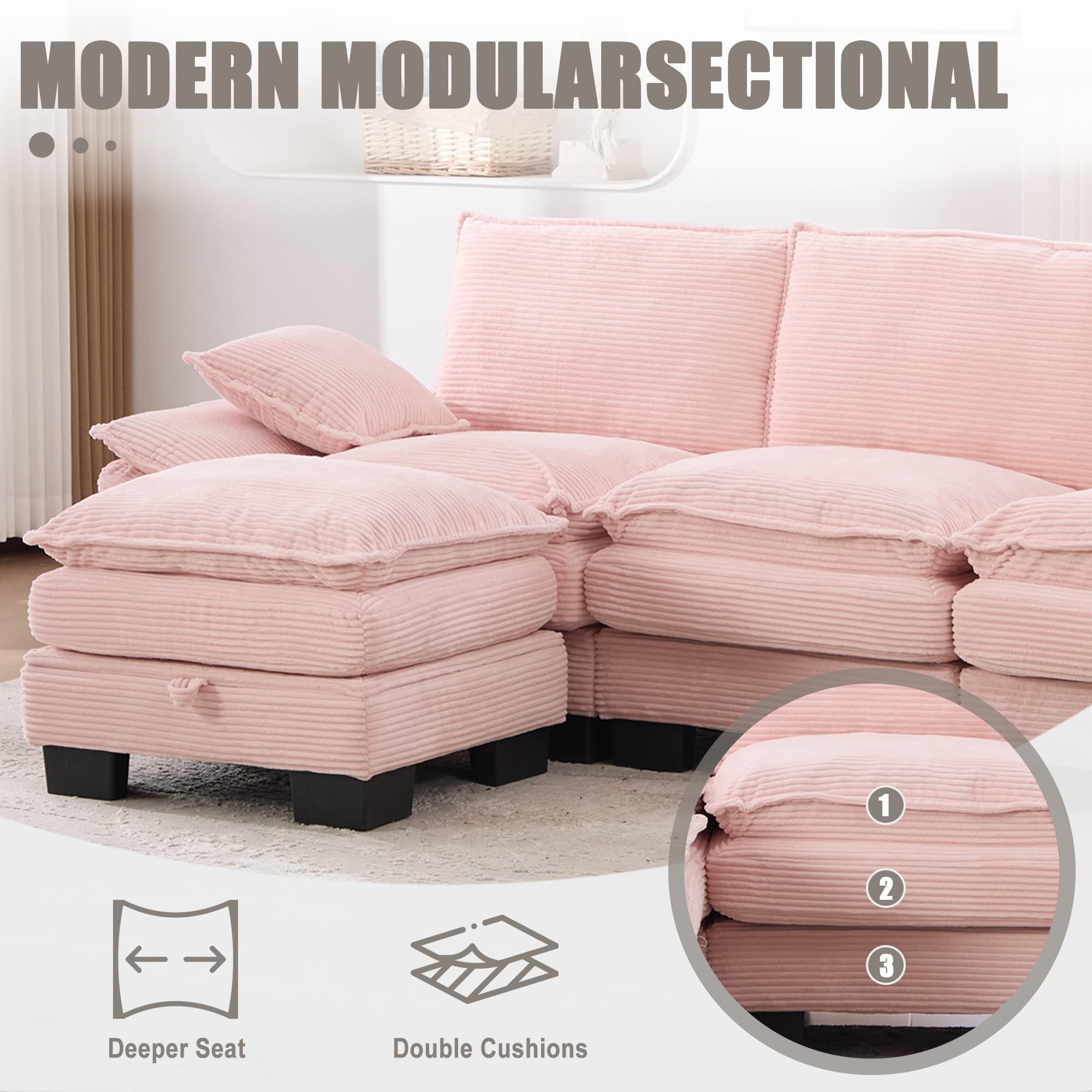 Sectional Cloud Modular Sofa,Deep Seat Sofa, Corduroy Sofa,Comfy Upholstered Furniture For Living Room, Apartment, Studio, Office,Having Multiple Combinations 5