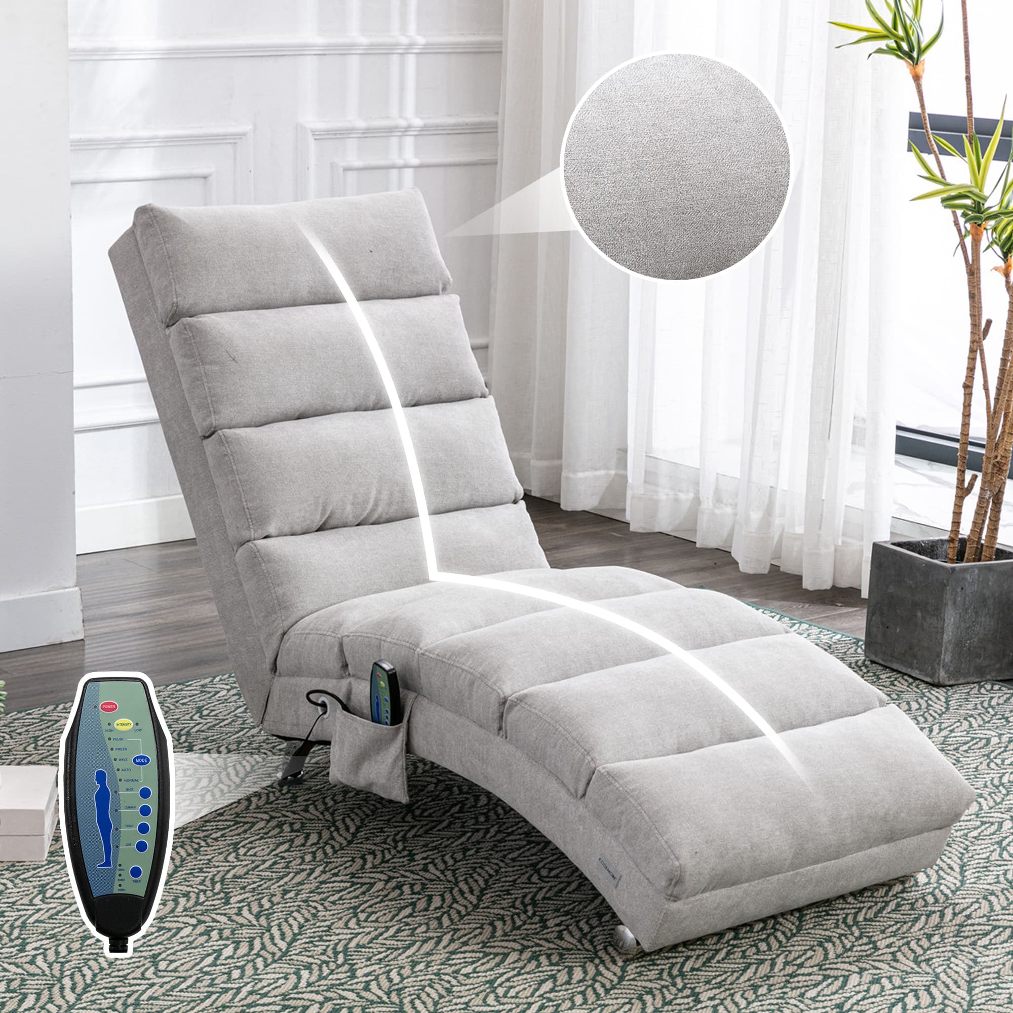 COOLMORE Luxury Upholstered Chaise Lounge Chair With Vibration For Relaxation, Modern Fixed Back Fabric Leisure Recliner Sofa For Living Room Bedroom 4