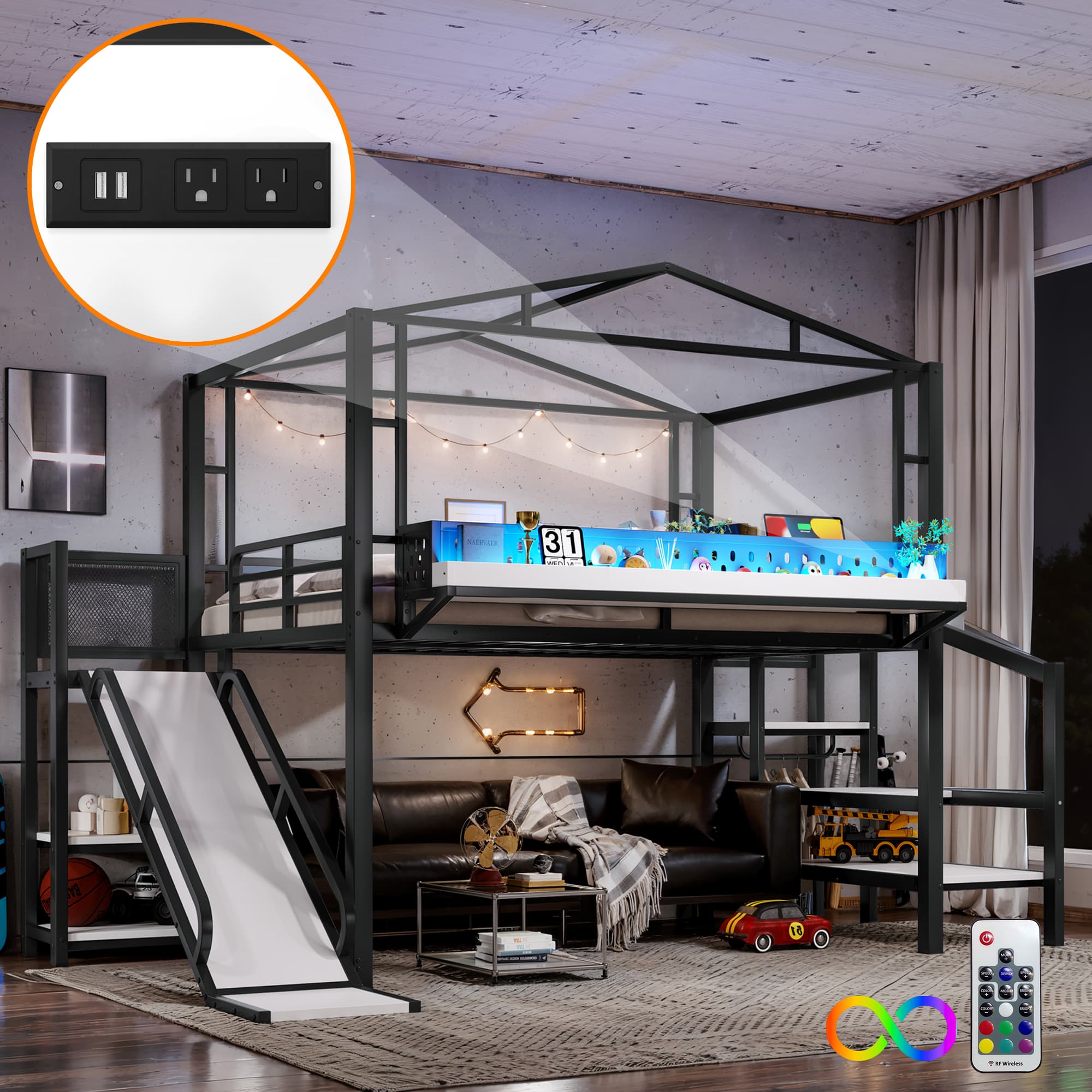 Full Size Loft Bed With Storage Stairs, Shelves And Built-in Wardrobe, Metal Loft Bed Frame With USB Ports And LED Lights, Noise-reduced Design, Black 4