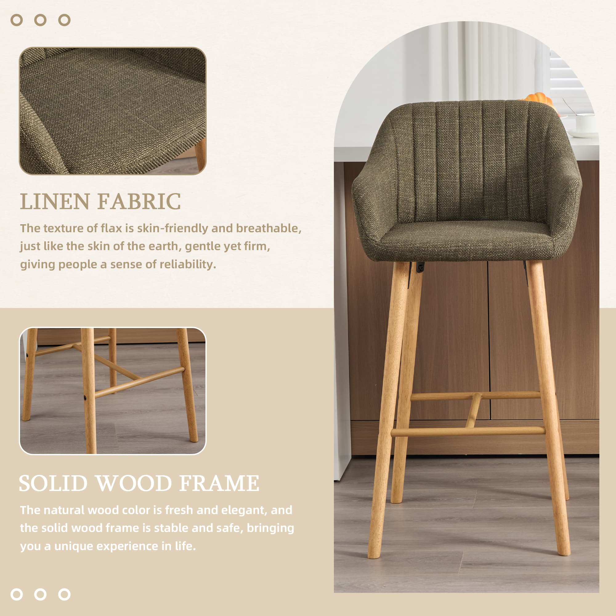 Modern Bar Stools Set Of 2, Kitchen Island Tall Chairs With Back, Arm, Footrest And Solid Wood Leg, Linen Fabric Upholstered Bar Stools 2
