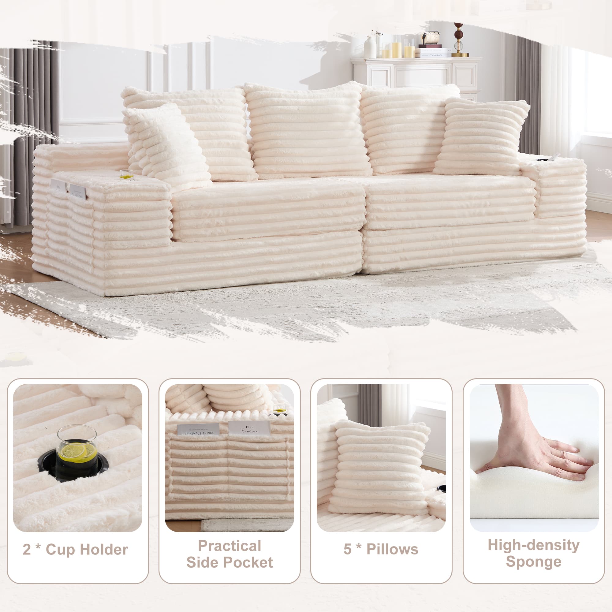 Oversized Boneless Four Seats Sofa With Cup Holder And Side Pockets, Upholstered Corduroy Sofa Bed Cloud Couch With 3 Pillows, 2 Lumbar Pillows.Living Room, Bedroom,No Assembly ,Breathable Material 5