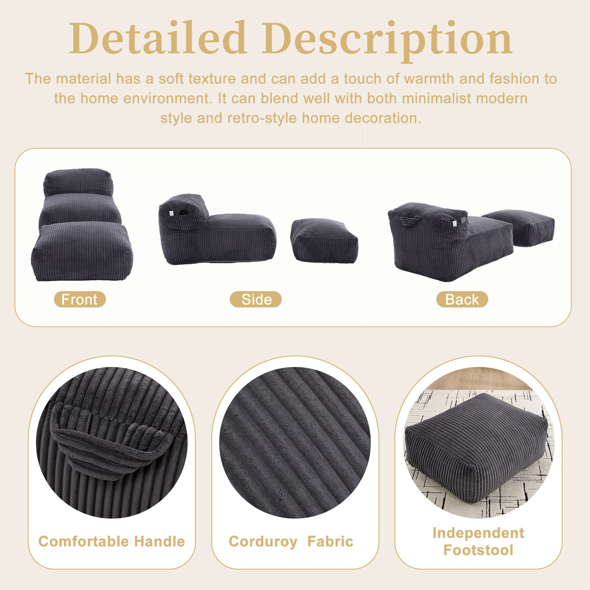 Big Bean Bag Chair For Adults,Lounger Large Bean Bag Sofa, Memory Foam Filled Beanbag Chair For Living Room, Bedroom, Balcony,Comfy Corduroy Bean Bag Chair With Ottoman,Ergonomic Support & Premium Com 5