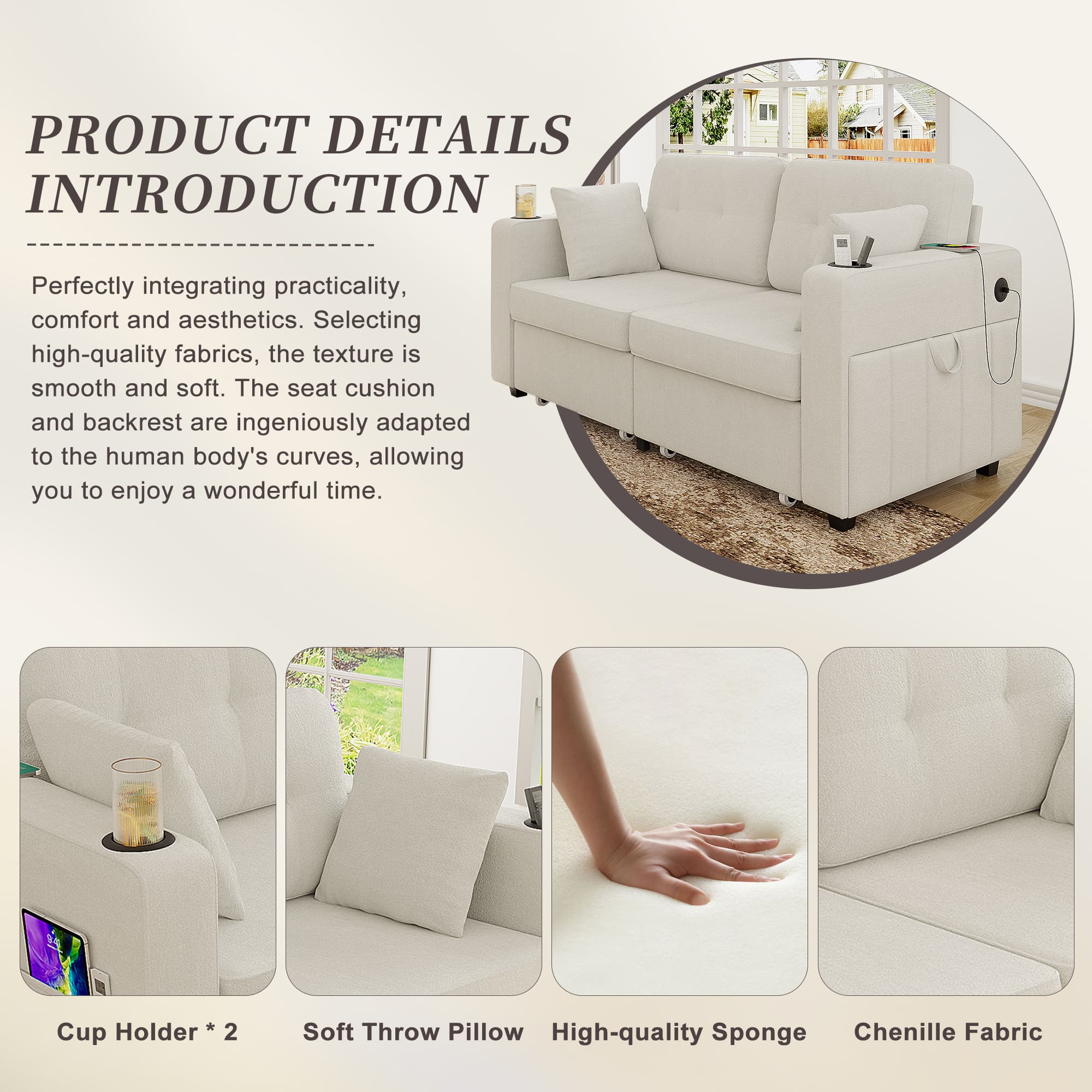 Sofas For Living Room, Couch Set,3 Seats Sofa, USB Charging,Wood Frame,Easy To Install,with Storage, Charging Station,Cup Holder,Modern Sectional Sofas For Living Room, Apartment,Chenille Fabric 2