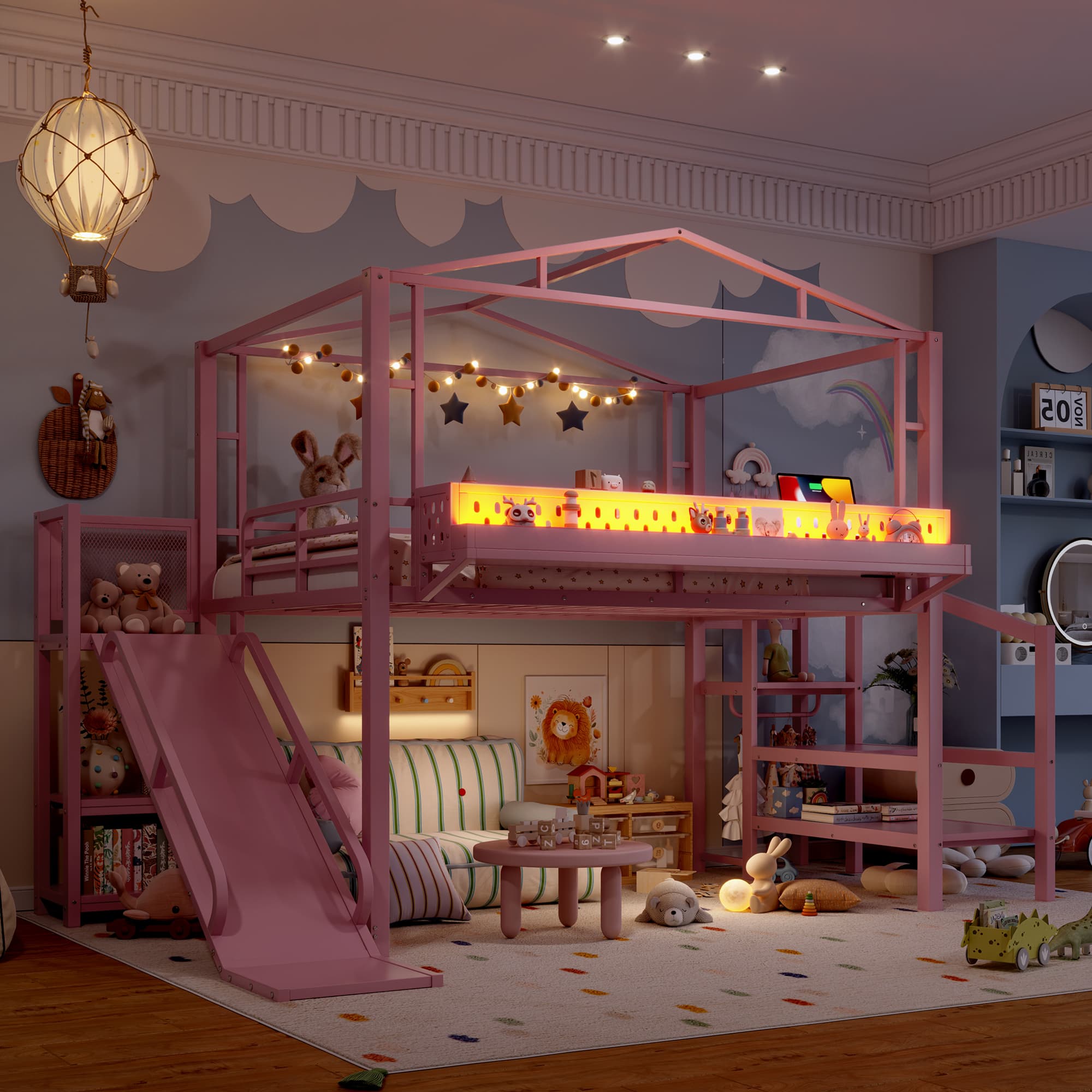 Full Size Loft Bed With Storage Stairs, Shelves And Built-in Wardrobe, Metal Loft Bed Frame With USB Ports And LED Lights, Noise-reduced Design, Pink 3