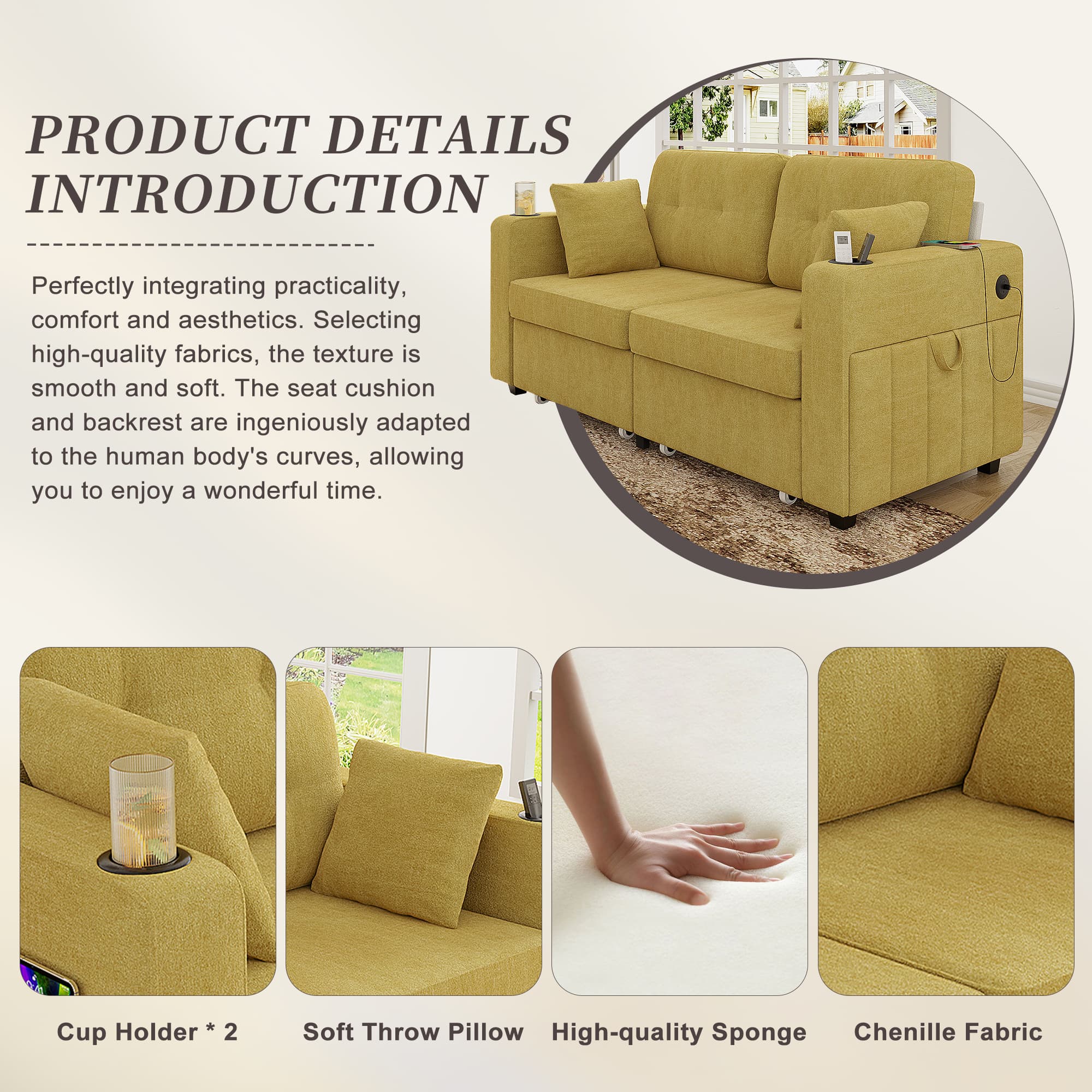 Sofas For Living Room, Couch Set,3 Seats Sofa, USB Charging,Wood Frame,Easy To Install,with Storage, Charging Station,Cup Holder,Modern Sectional Sofas For Living Room, Apartment,Chenille Fabric