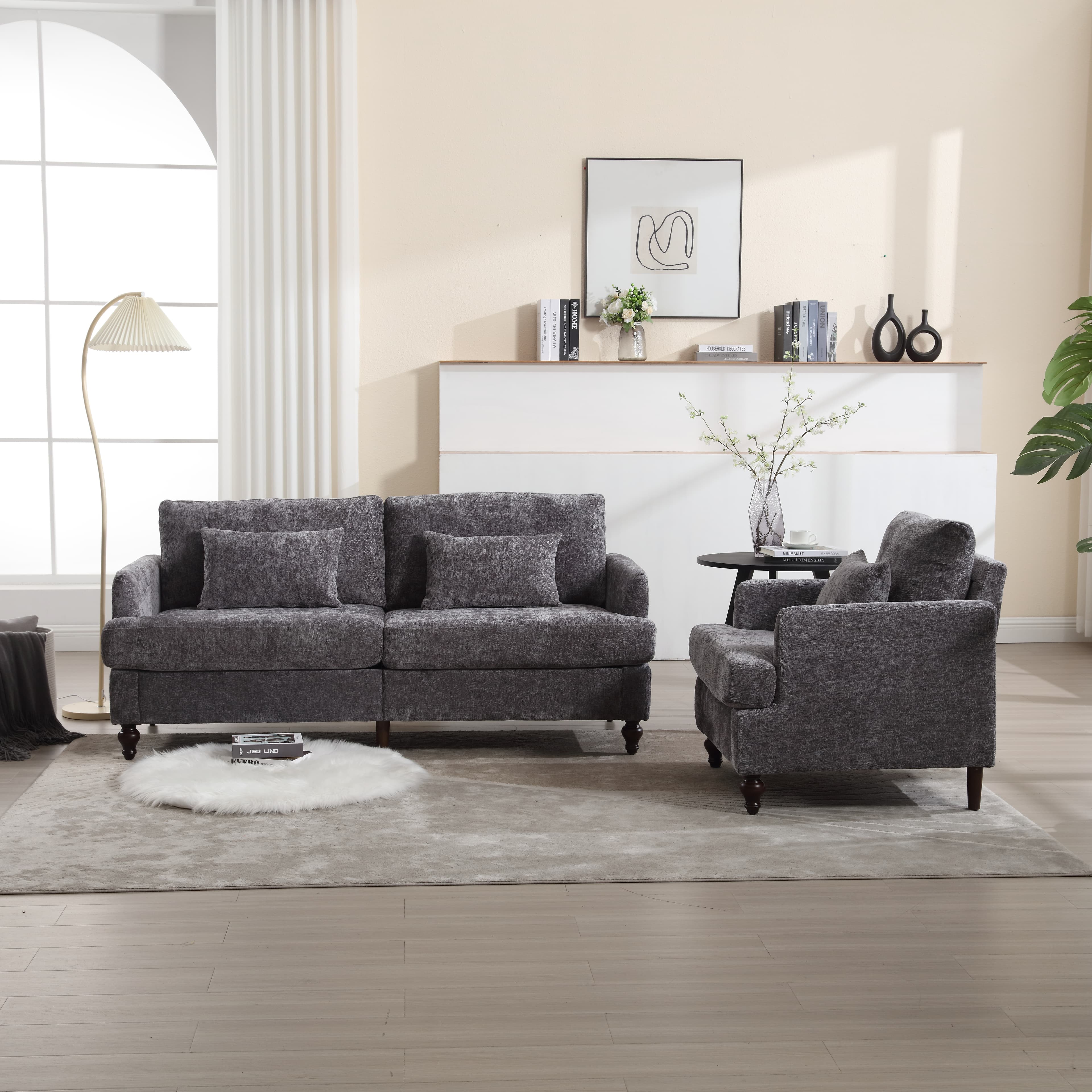Wood Frame Armchair, Modern Accent Chair Lounge Chair For Living Room,Tufted Club Chair, Mid Century Modern Arm Chairs With Studded, Solid Wood Frame, For Bedroom, Reading Gray Chenille 2
