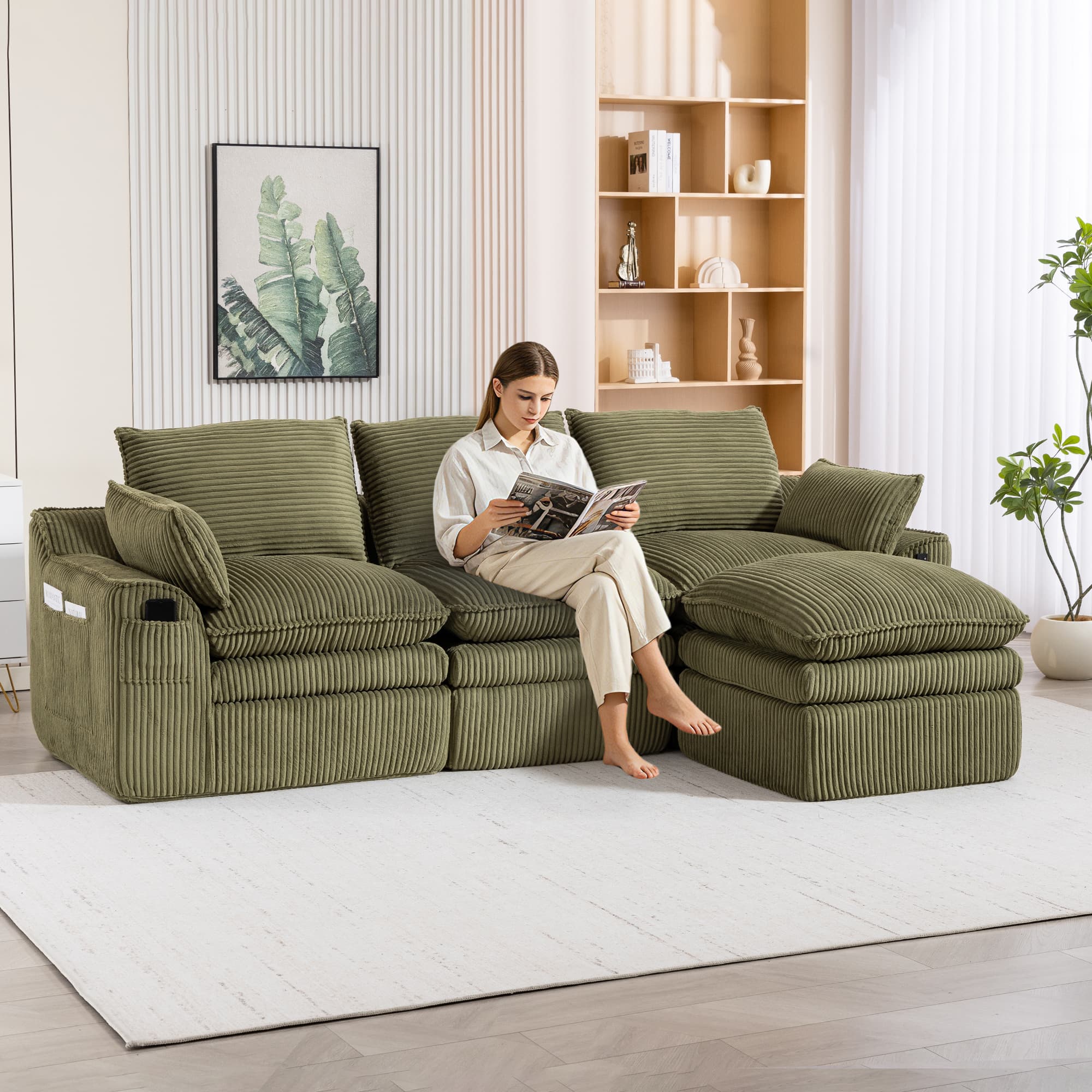 L Shaped Compressed Modular Sectional Sofa Modern Corduroy Upholstered Boneless Couches With Movable Footstool,With Three Pillows And Two Lumbar Pillows,Detachable Cloud Seat Cushions 5