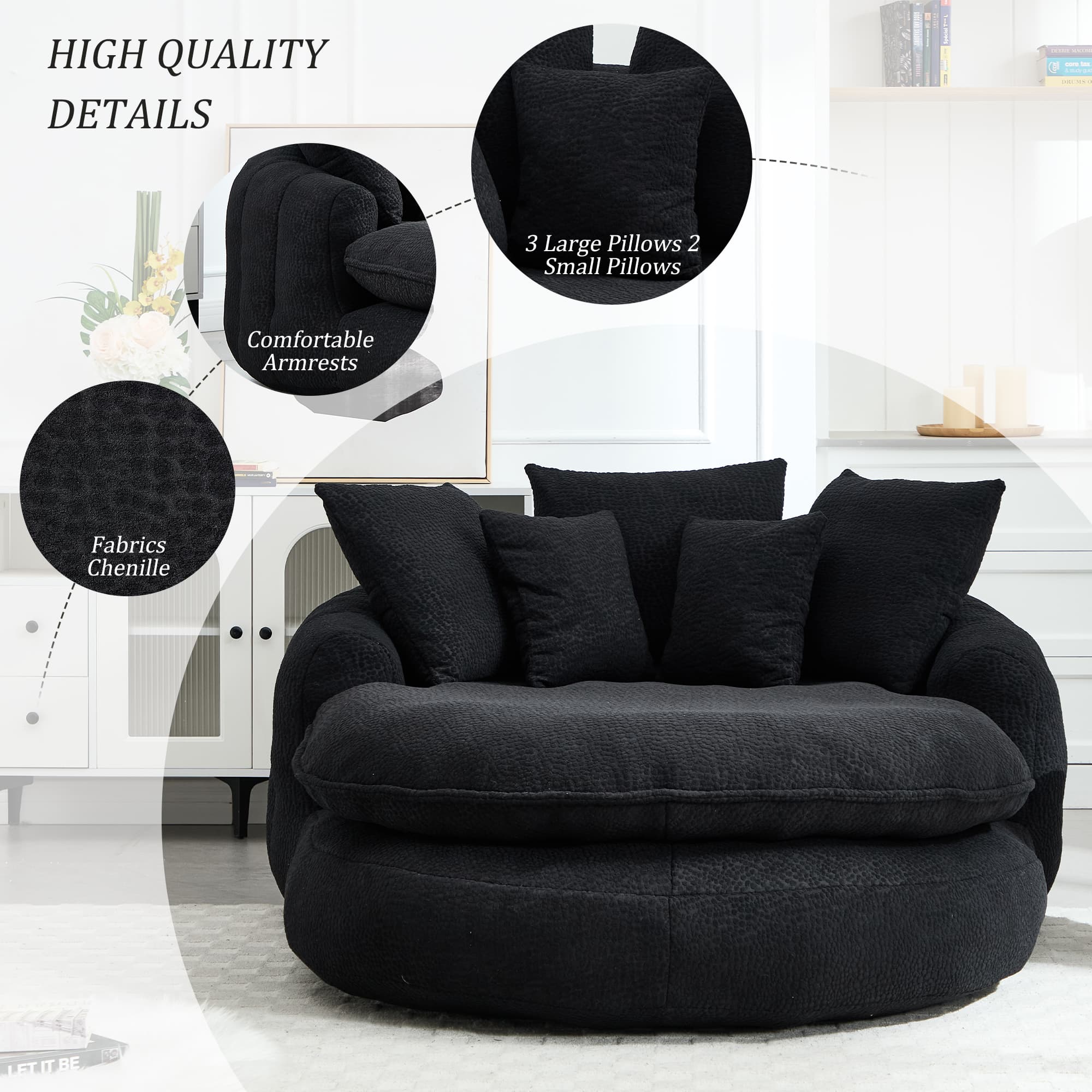 Oversized Oval Upholstered Bean Bag Sofa, Lazy Sofa With 3 Large Pillows And 2 Small Pillows, Wrap Around Backrest For Adults, Chenille Fabric Lazy Floor Bean Bag Sofa 5