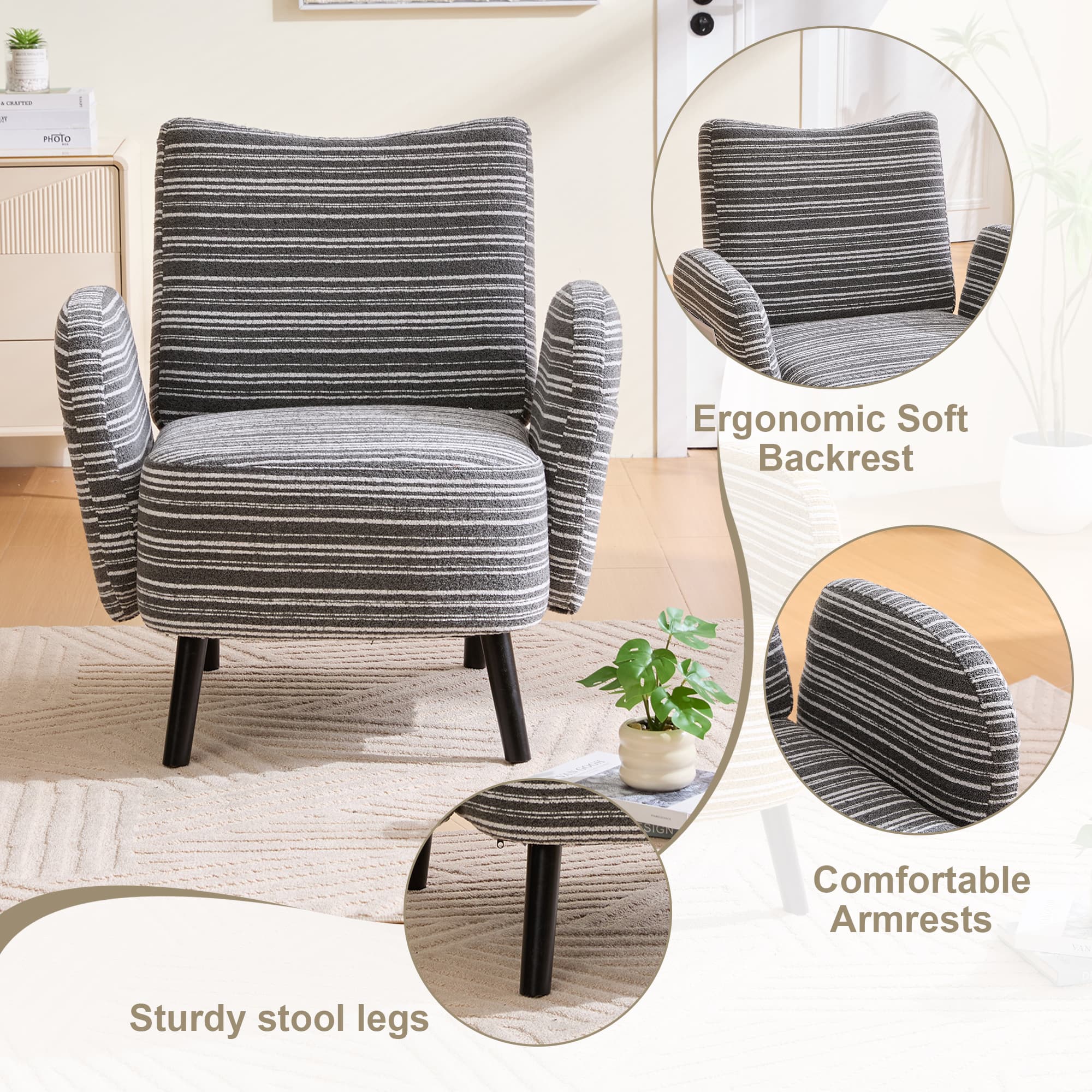 Modern Style Armchair With Sanded Fabric, Side Storage Pocket, Solid Wood Legs, Comfortable Reading Chair For Living Room, Bedroom, Officel 3