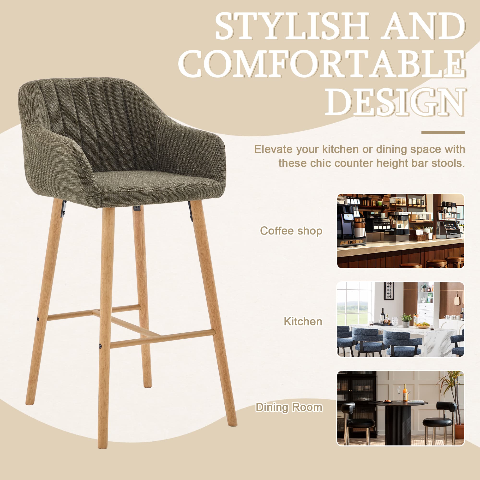 Modern Bar Stools Set Of 2, Kitchen Island Tall Chairs With Back, Arm, Footrest And Solid Wood Leg, Linen Fabric Upholstered Bar Stools 3