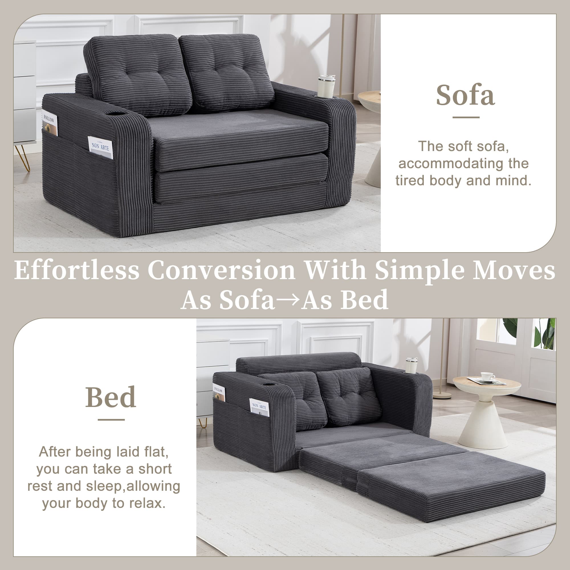 Convertible Sofa Bed,Expandable Double Sofa Bed, 2 In 1 Convertible Sofa Bed, Fold Out Floor Couch With Pillows For Living Room Bedroom Lounge