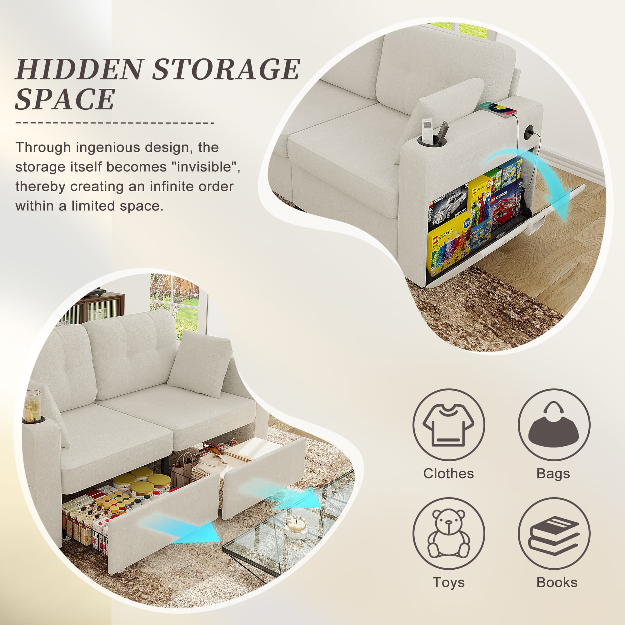Sofas For Living Room, Couch Set,3 Seats Sofa, USB Charging,Wood Frame,Easy To Install,with Storage, Charging Station,Cup Holder,Modern Sectional Sofas For Living Room, Apartment,Chenille Fabric 5