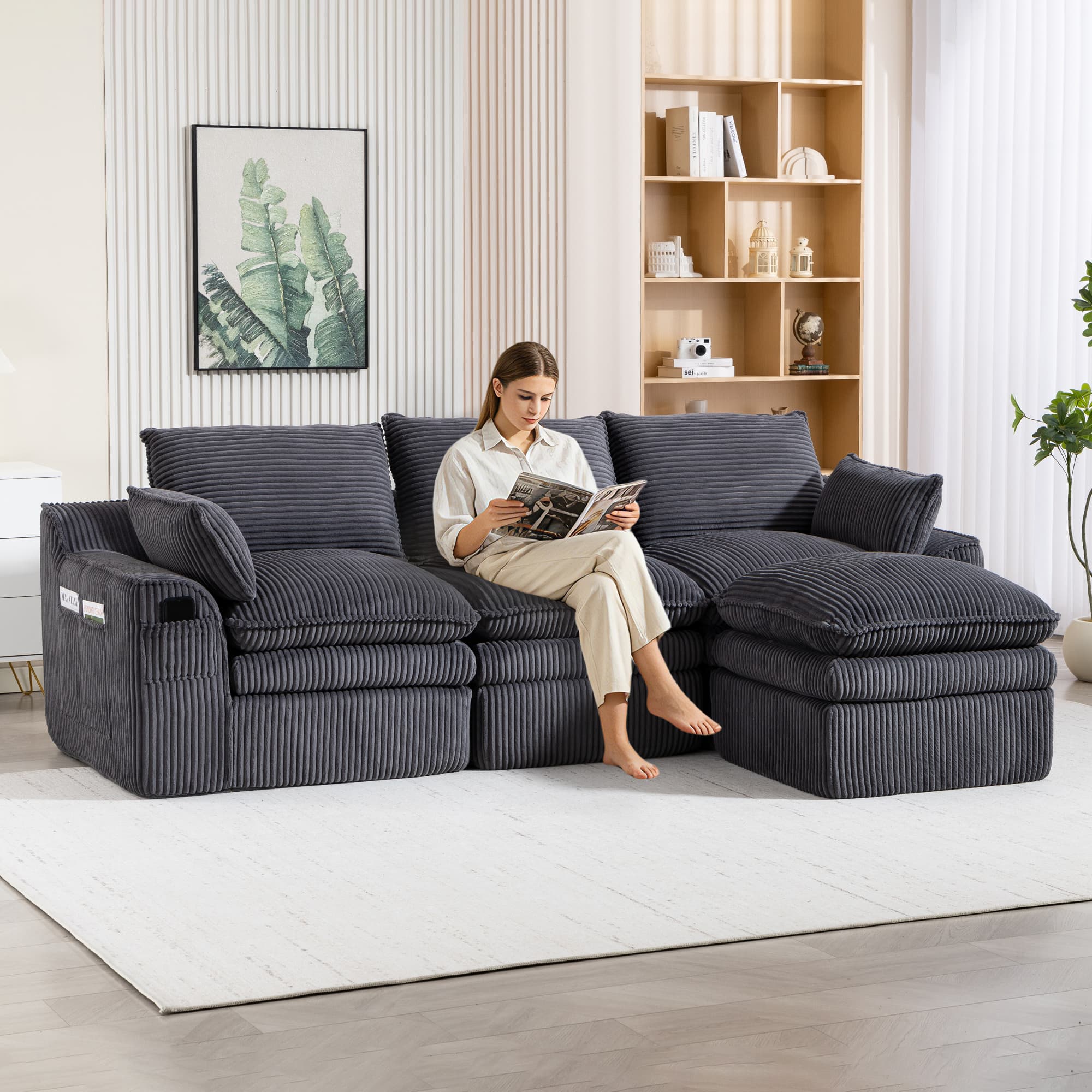 L Shaped Compressed Modular Sectional Sofa Modern Corduroy Upholstered Boneless Couches With Movable Footstool,With Three Pillows And Two Lumbar Pillows,Detachable Cloud Seat Cushions 5