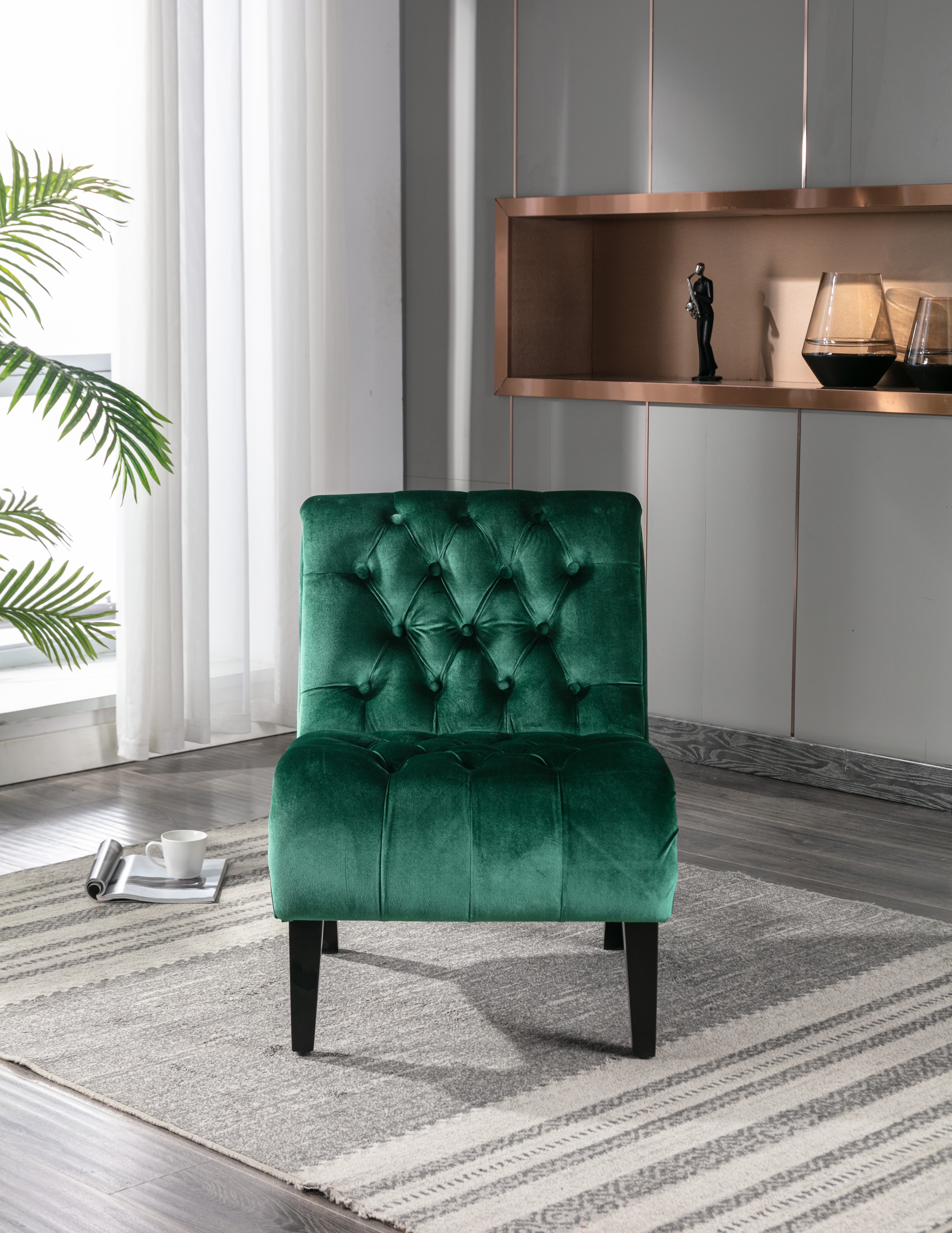 COOLMORE Modern Velvet Armless Accent Living Room Chair   Leisure Chair,Upholstered Fabric Button Comfortable Chair With Wooden Legs For Bedroom, Living Room, Office  Green Velvet