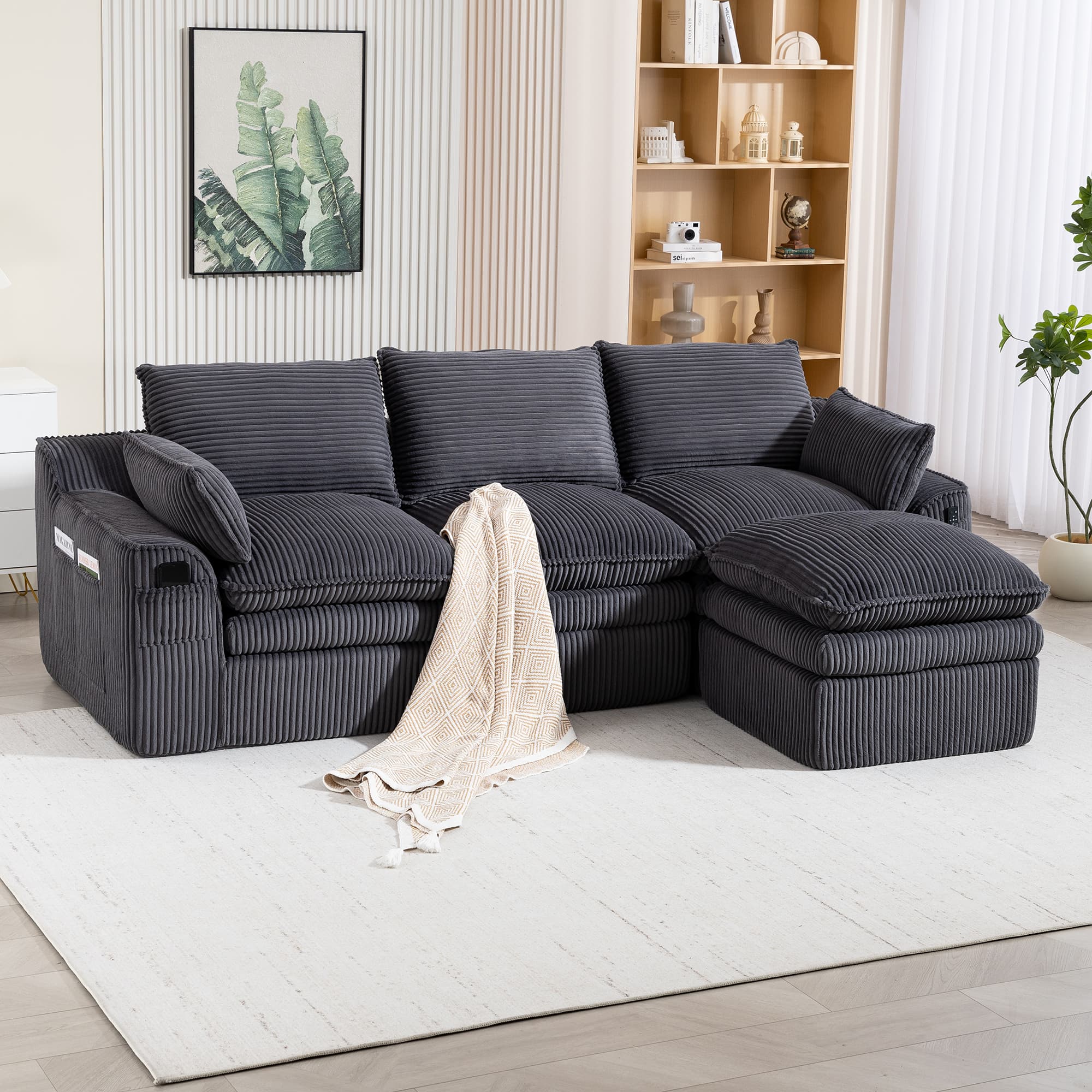 L Shaped Compressed Modular Sectional Sofa Modern Corduroy Upholstered Boneless Couches With Movable Footstool,With Three Pillows And Two Lumbar Pillows,Detachable Cloud Seat Cushions 4
