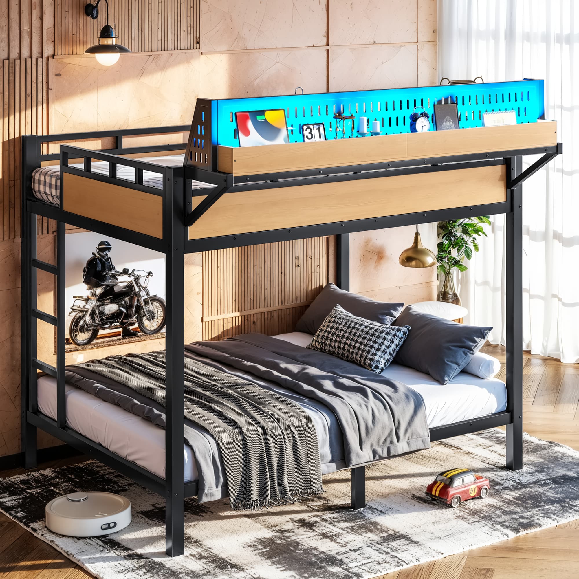 Full Over Full Size Metal Bunk Bed With Storage Shelves And Pegboard, Bunk Bed Frame With USB Ports And LED Lights, Space-Saving, For Teens And Adults, Natural 5
