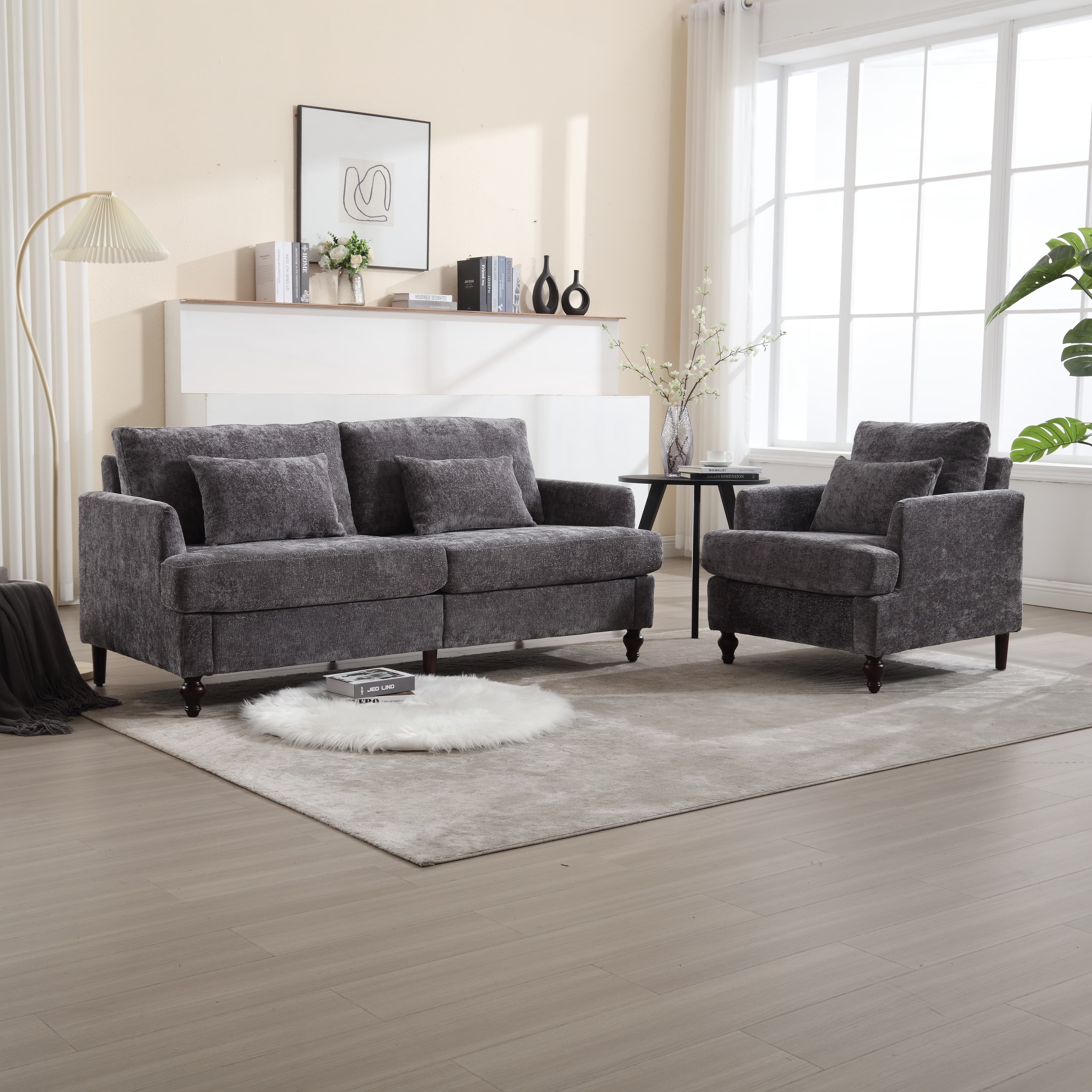 Wood Frame Armchair, Modern Accent Chair Lounge Chair For Living Room,Tufted Club Chair, Mid Century Modern Arm Chairs With Studded, Solid Wood Frame, For Bedroom, Reading Gray Chenille 3