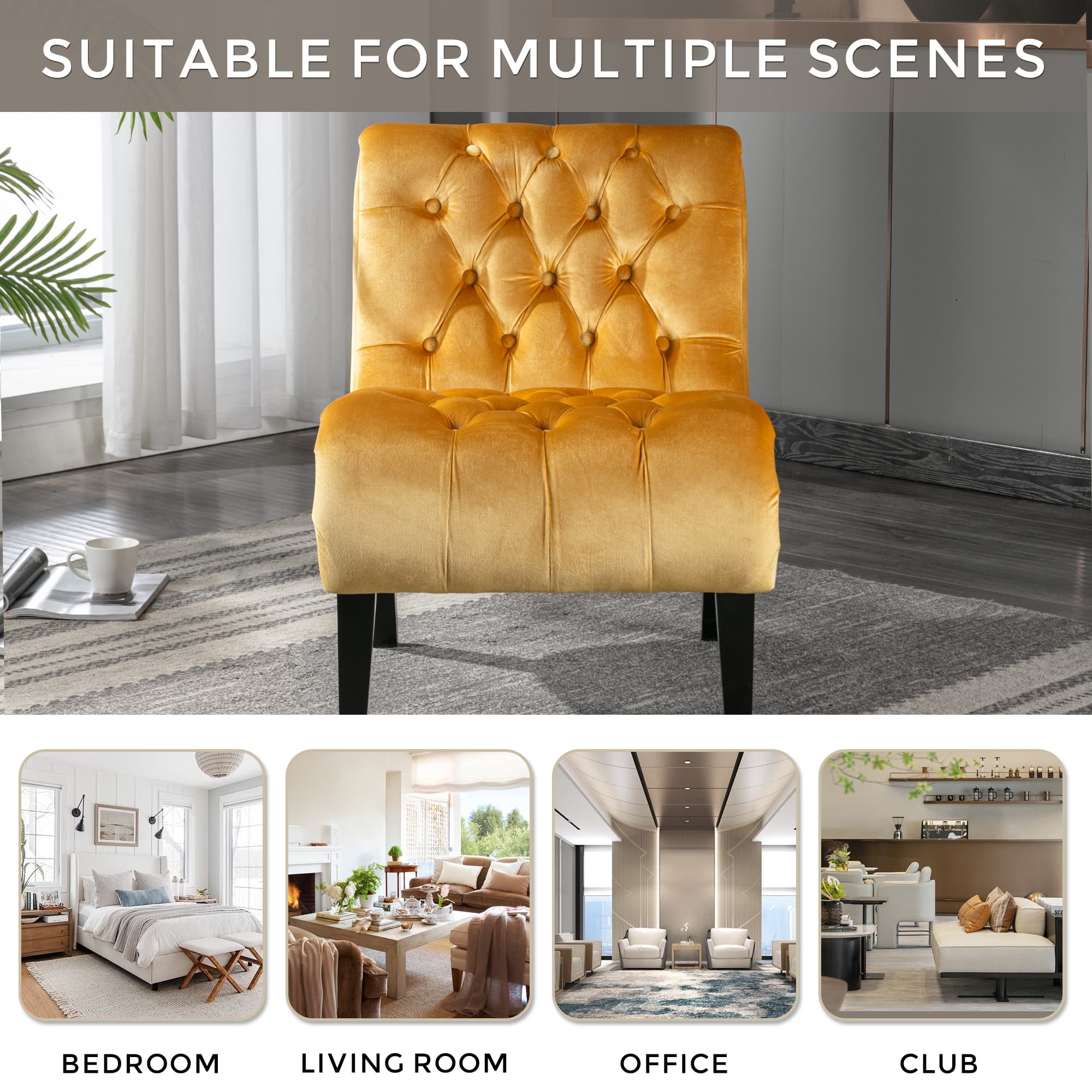 COOLMORE Modern Velvet Armless Accent Living Room Chair   Leisure Chair,Upholstered Fabric Button Comfortable Chair With Wooden Legs For Bedroom, Living Room, Office  Mustard Velvet 5