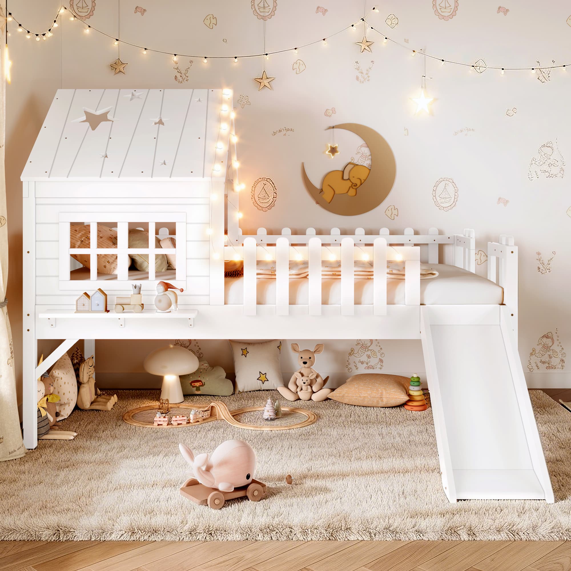 Twin Size House Loft Bed With Slide,Playhouse Bed With Star-shaped Designs And Window, Chic Design With LED Lights,No Box Spring Needed,White 3
