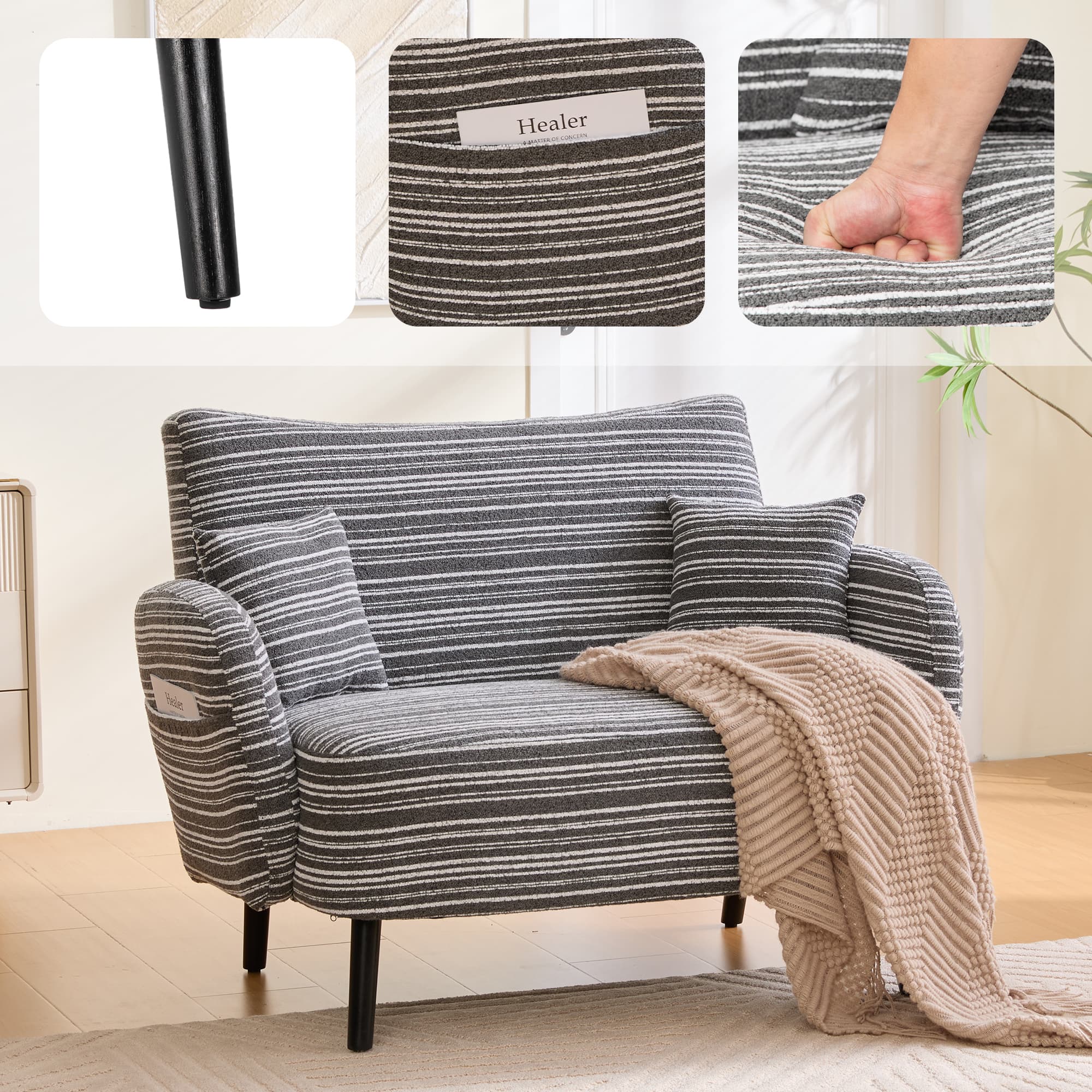 Modern Style Two-seater Sofa With Ultra-comfortable Armrests, Armrest Pillows, And Storage Pockets, Deep-seated Two-seater Sofa, Comfortable Modern Sofa For Bedroom, Small Spaces, Apartments, And Offi