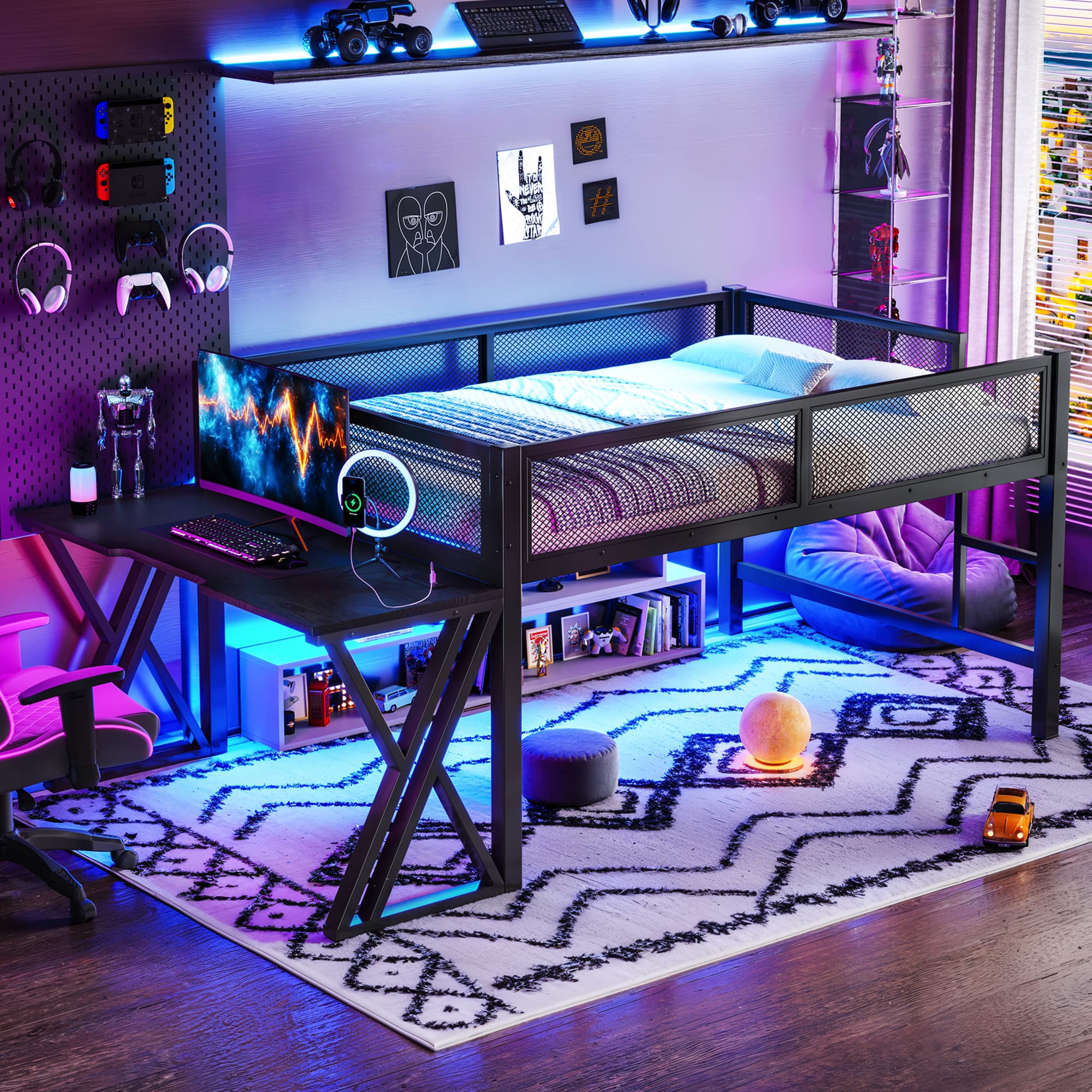 Full Size Gaming Loft Bed With Desk Of X-shaped Leg ,LED Lights, USB Ports, Staircase & Mesh Guardrail - Black Metal Frame, Space-Saving Elevated Bed For Dorms, Bedrooms, & Gaming Setups 5