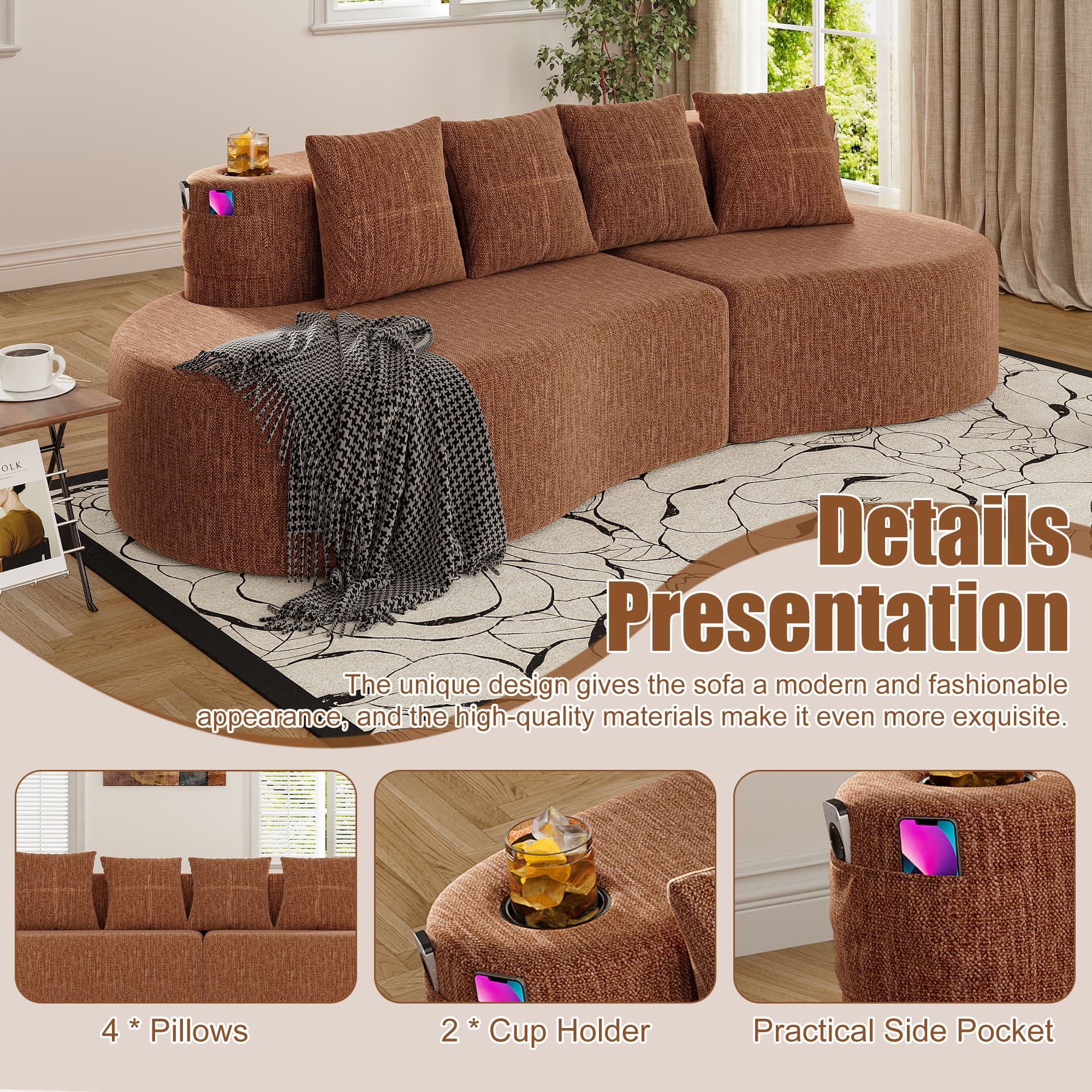 Modern Curved Sectional 3 Seat Minimalist Elegant Half Moon Sofa Compressed Modular Sectional Sofa For Living Room, Office, Apartment 4