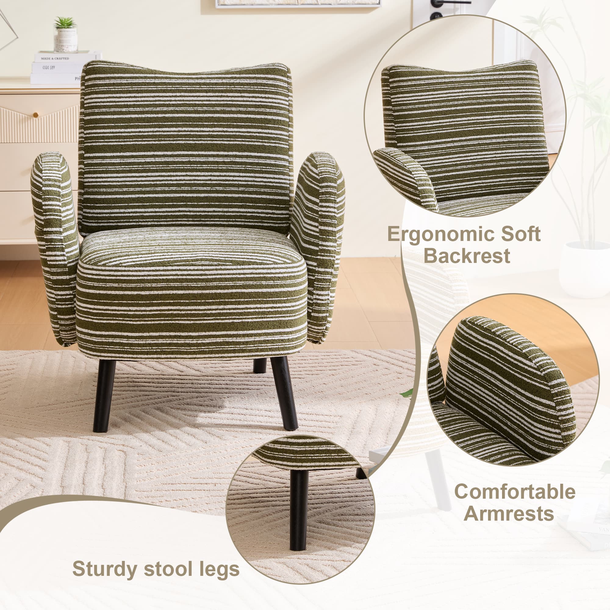 Modern Style Armchair With Sanded Fabric, Side Storage Pocket, Solid Wood Legs, Comfortable Reading Chair For Living Room, Bedroom, Office 4