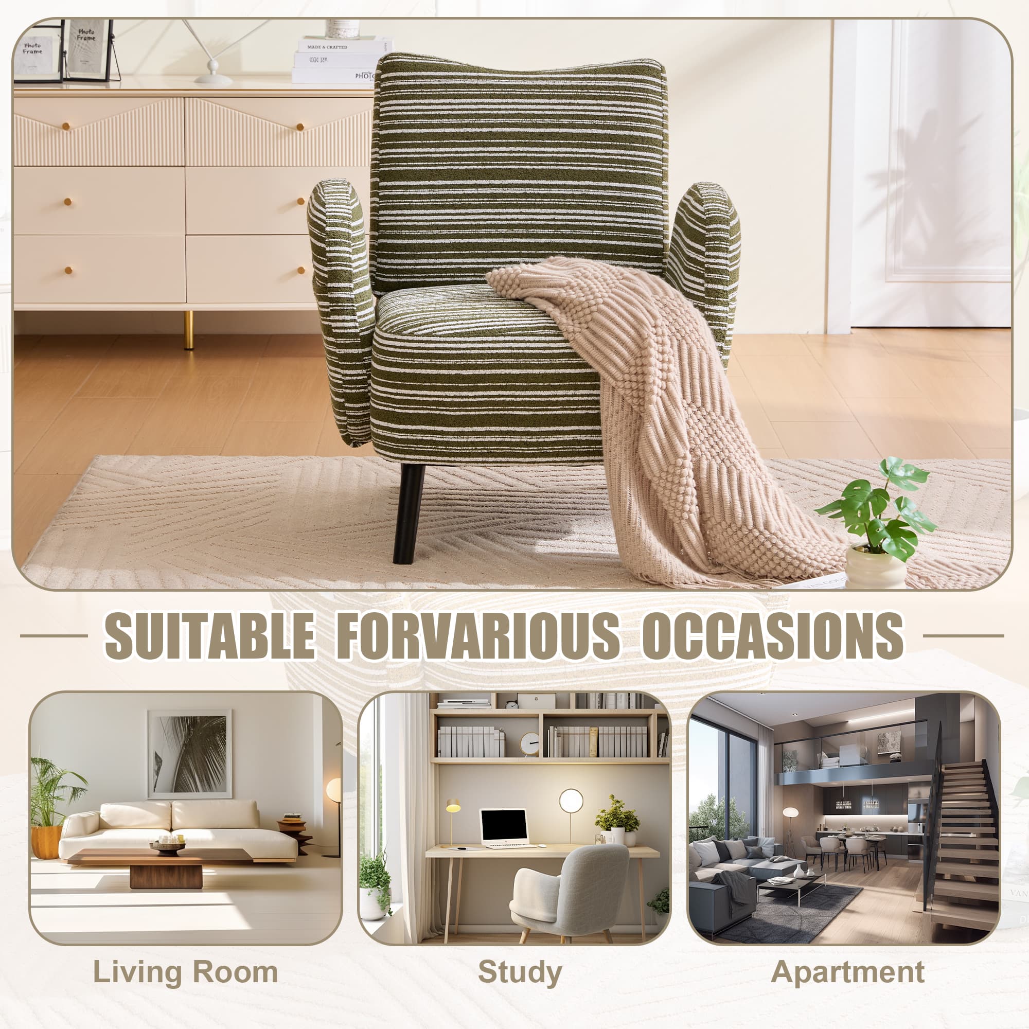 Modern Style Armchair With Sanded Fabric, Side Storage Pocket, Solid Wood Legs, Comfortable Reading Chair For Living Room, Bedroom, Office