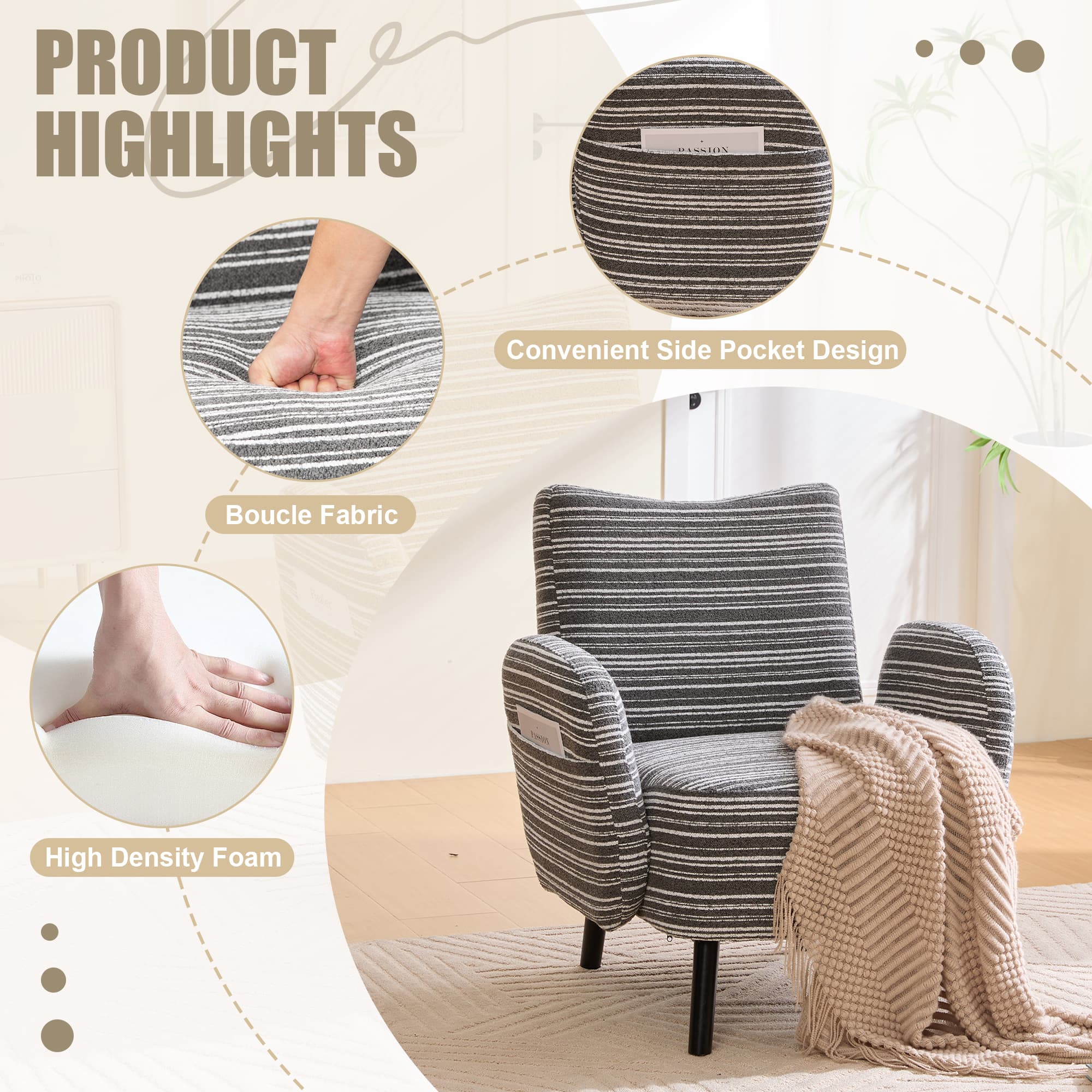 Modern Style Armchair With Sanded Fabric, Side Storage Pocket, Solid Wood Legs, Comfortable Reading Chair For Living Room, Bedroom, Officel 2