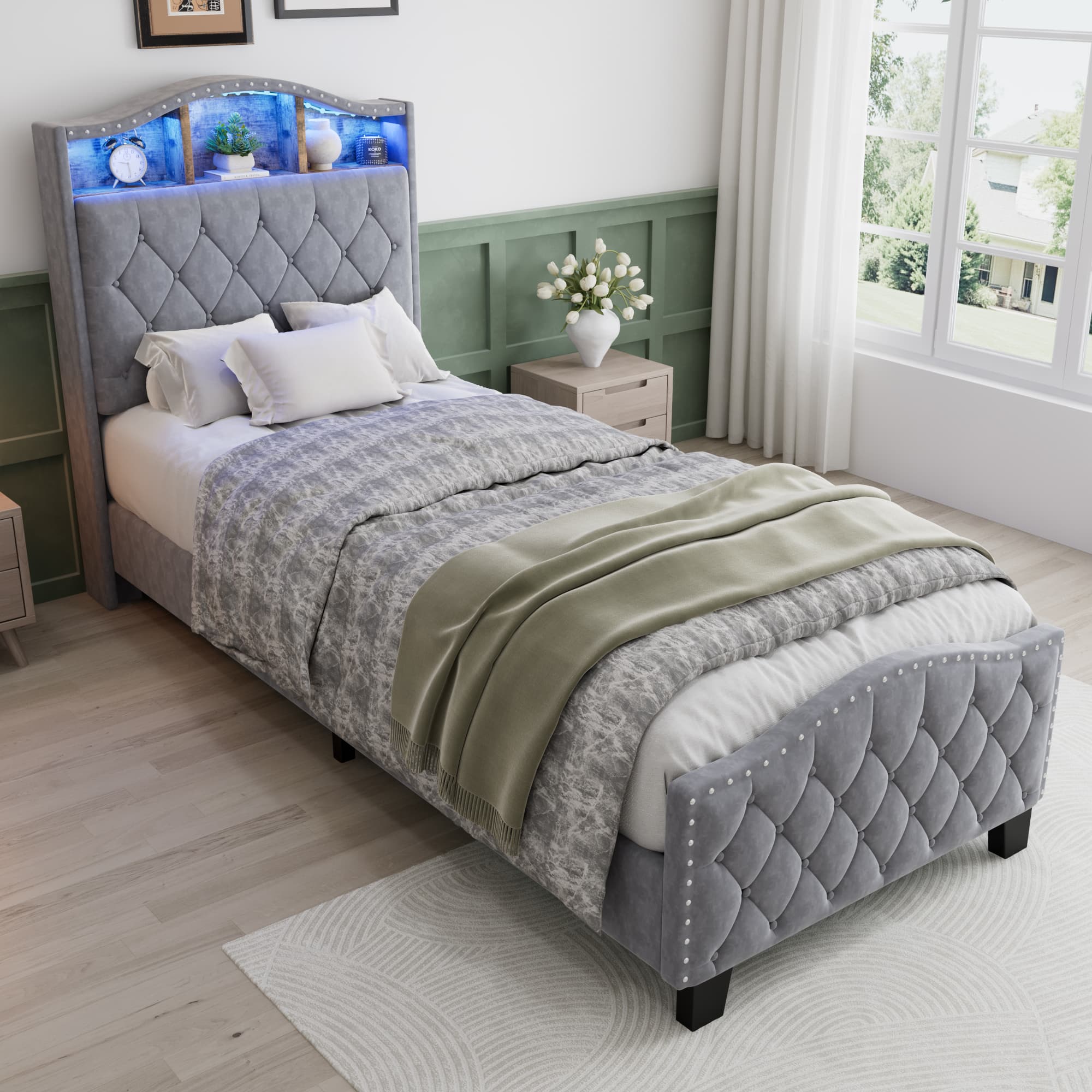 Upholstered Bed, 3FT Single Bed 90x190cm, Storage Bed, Soft Backrest,With Bed Slats, With LED Light Strip,For Adults & Teenagers, Velvet, Grey