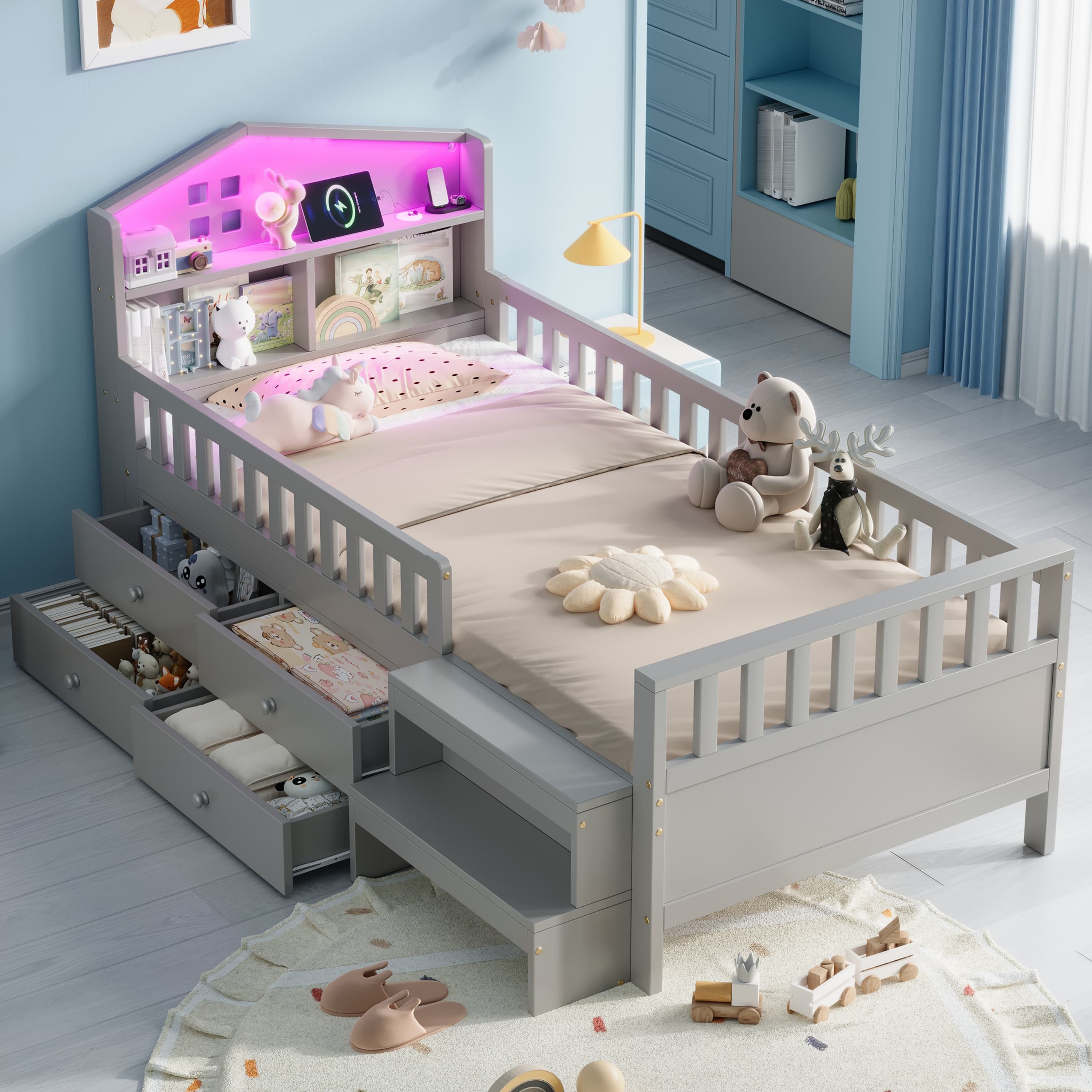 3ft Single Wooden Bed Frame, LED Lighting, Headboard Storage & Drawers, USB Charging Port, Safety Rails & Step Stool, Easy Assembly, Grey  No Mattress