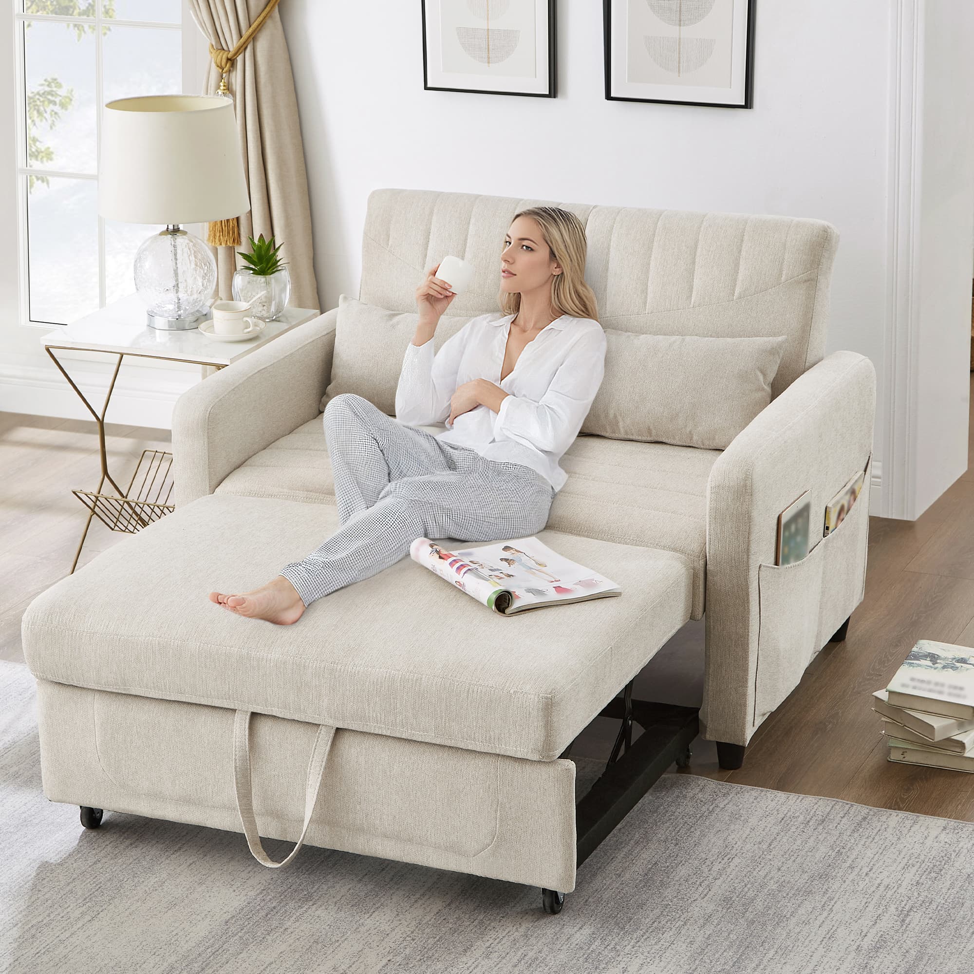 Sofa Bed With Sleeping Function  Two-Seater Fold-Out Sofa, Pull-Out Design, Simple And Modern, Contemporary Style, Three-Level Adjustable Backrest, Breathable Cotton-Linen Fabric 3