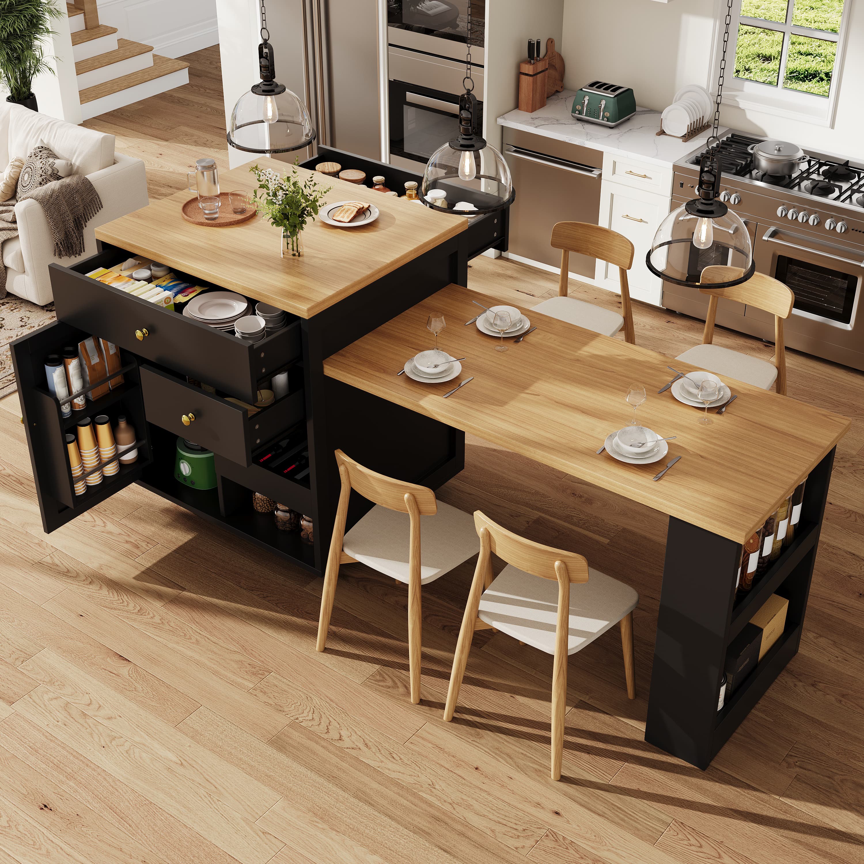 Extendable Bar Table With Storage 122.5-195.5x70x93.8cm, With Three Drawers And Wine Rack, Kitchen Island With Extendable Table, For 2-6 People, Kitchen Dining Cart With Side Shelves, Black