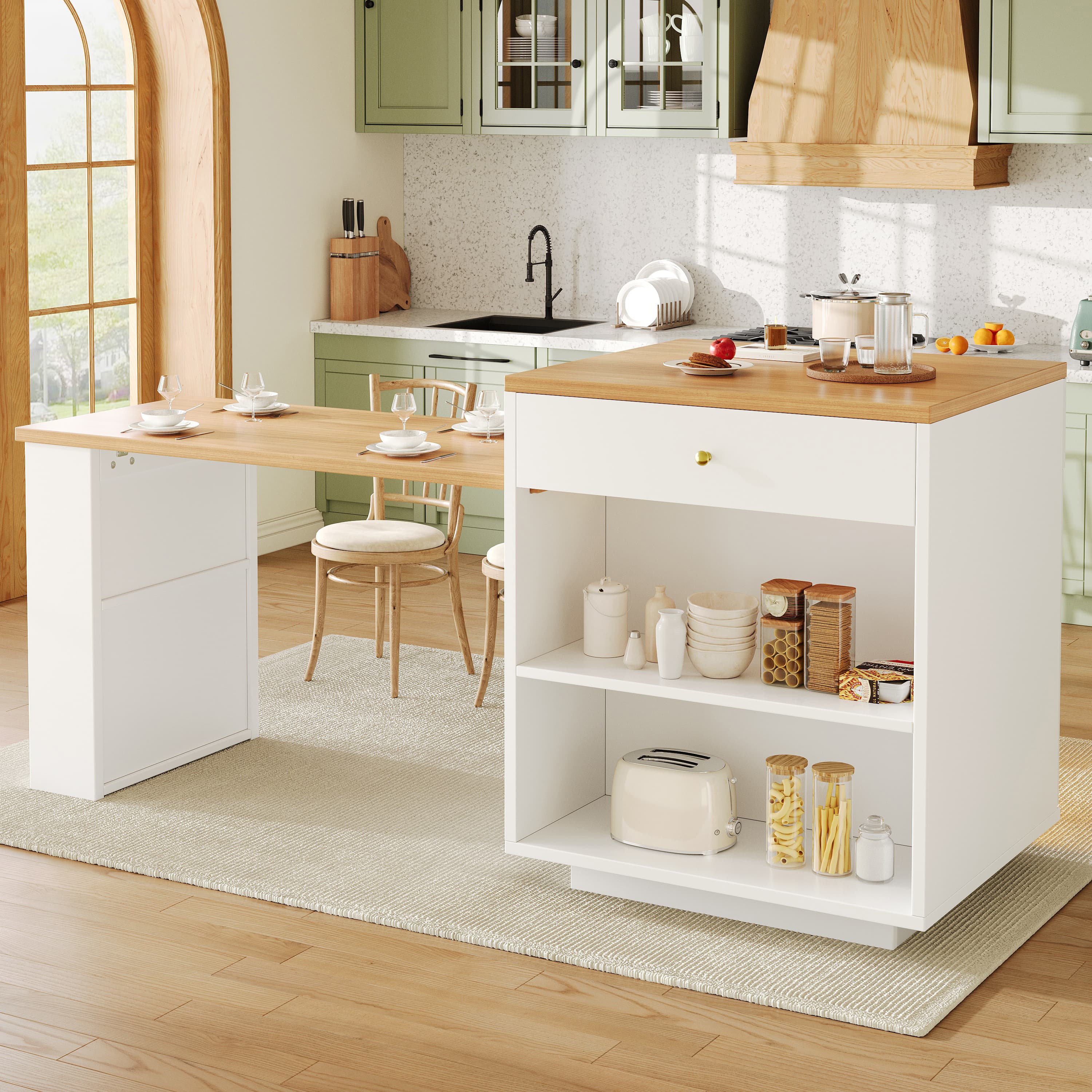 Extendable Bar Table With Storage  122.5-195.5x70x93.5cm , With Four Drawers And Curved Glass Door, Kitchen Island With Extendable Table, LED Color Light, For 2-6 People, Kitchen Dining Cart With Side
