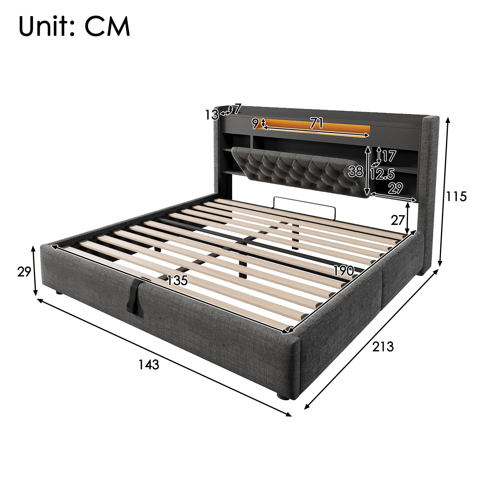4ft6 Double Bed With Hydraulic Storage, Upholstered Bed Frame With LED Lighting & Charging Station, Storage Headboard For Cellphones & Tablets, 135 X 190 Cm, Linen, Grey  No Mattress