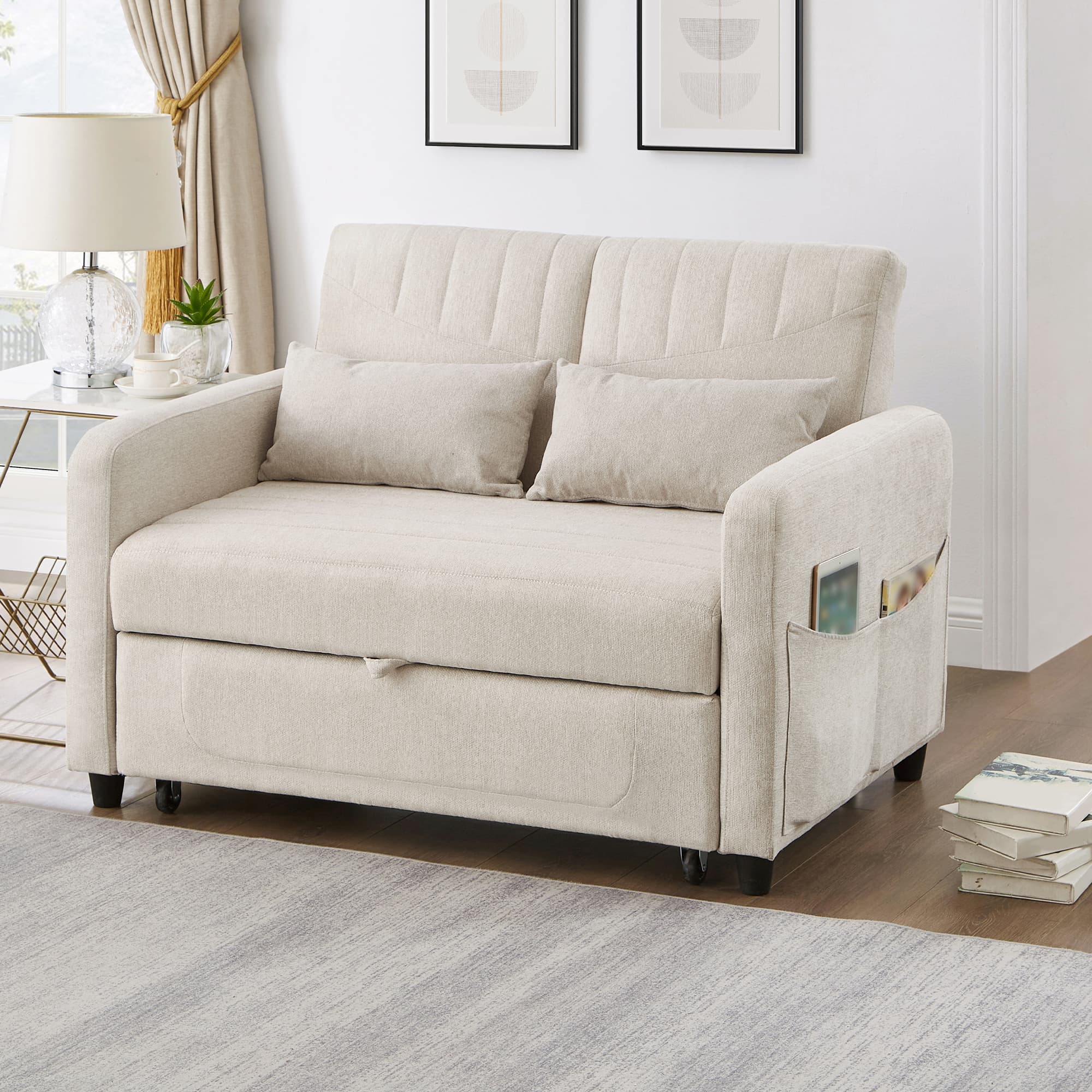 Sofa Bed With Sleeping Function  Two-Seater Fold-Out Sofa, Pull-Out Design, Simple And Modern, Contemporary Style, Three-Level Adjustable Backrest, Breathable Cotton-Linen Fabric 5