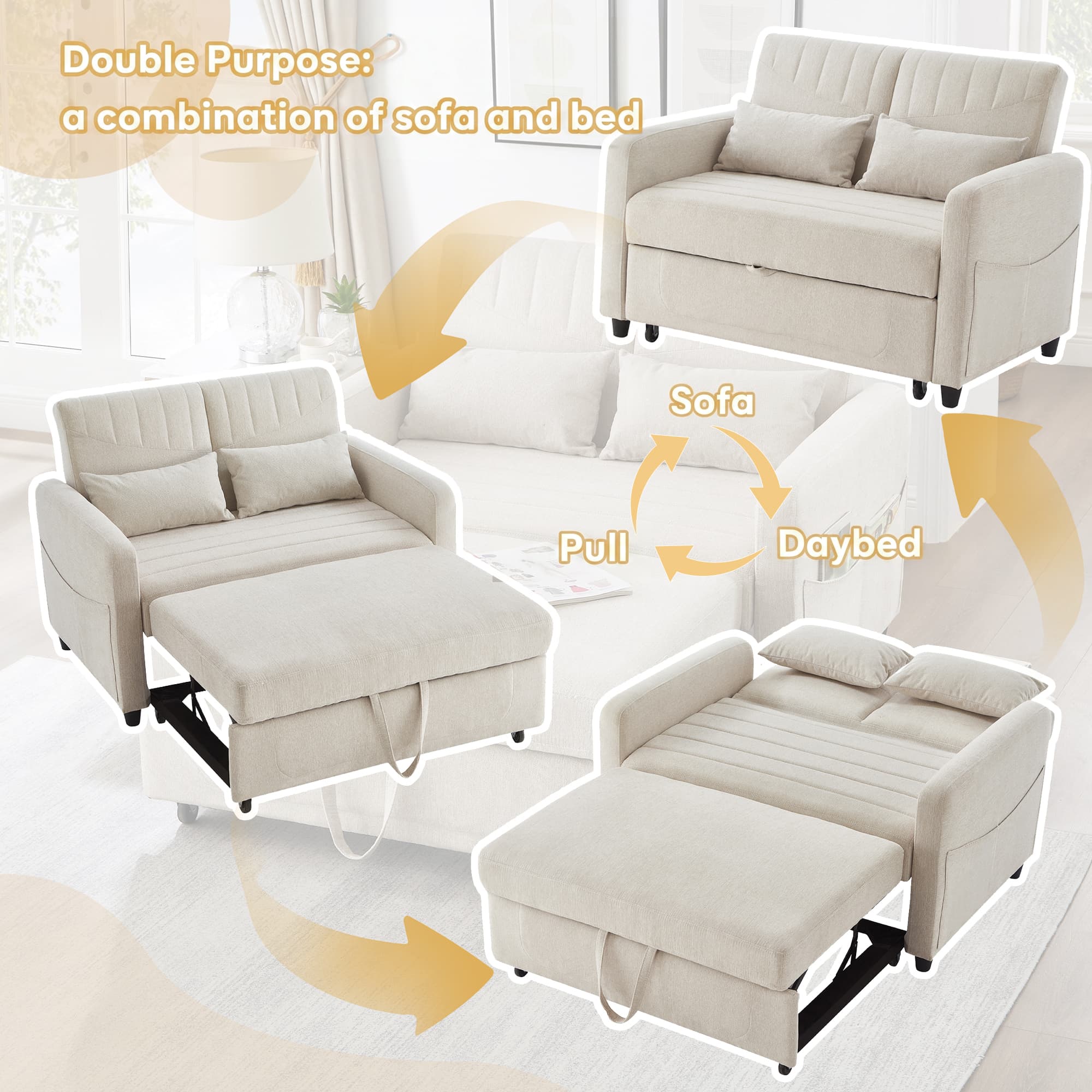 Sofa Bed With Sleeping Function  Two-Seater Fold-Out Sofa, Pull-Out Design, Simple And Modern, Contemporary Style, Three-Level Adjustable Backrest, Breathable Cotton-Linen Fabric